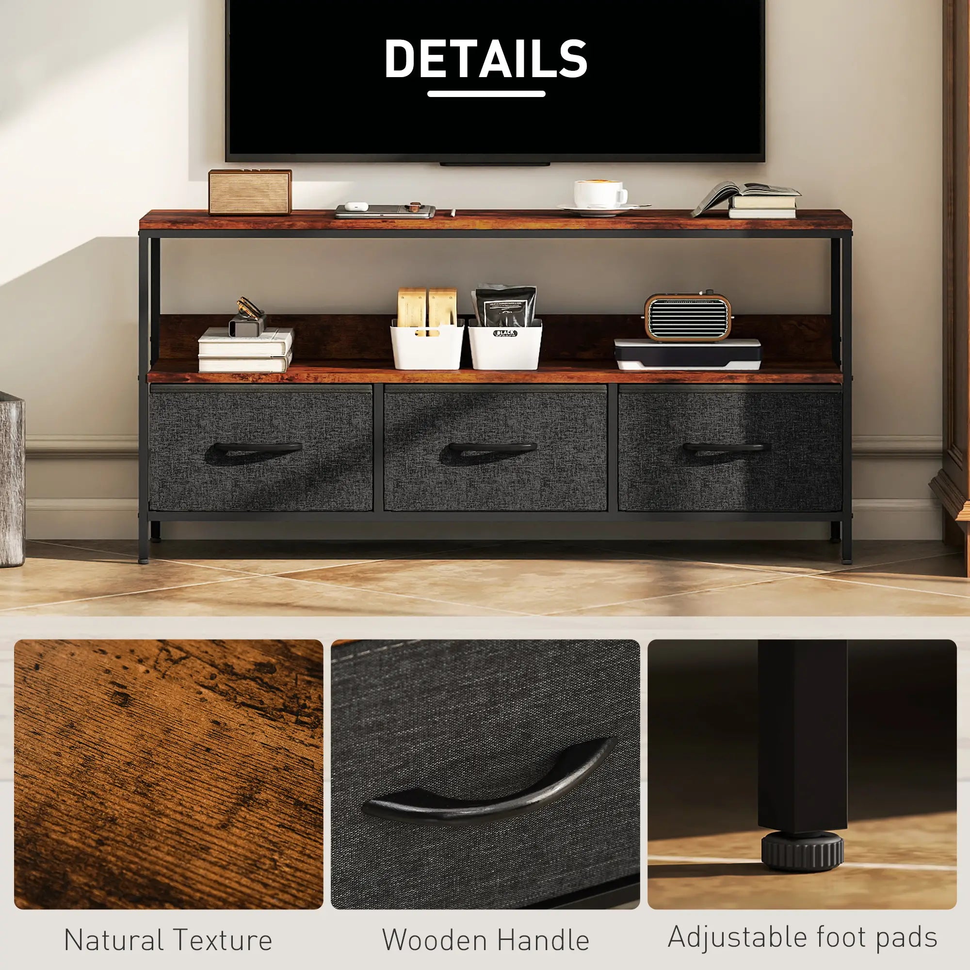 TV Stand with Charging Station, 3 Foldable Drawers, 55 Inch, Rustic Brown TV Stands at Gallery Canada