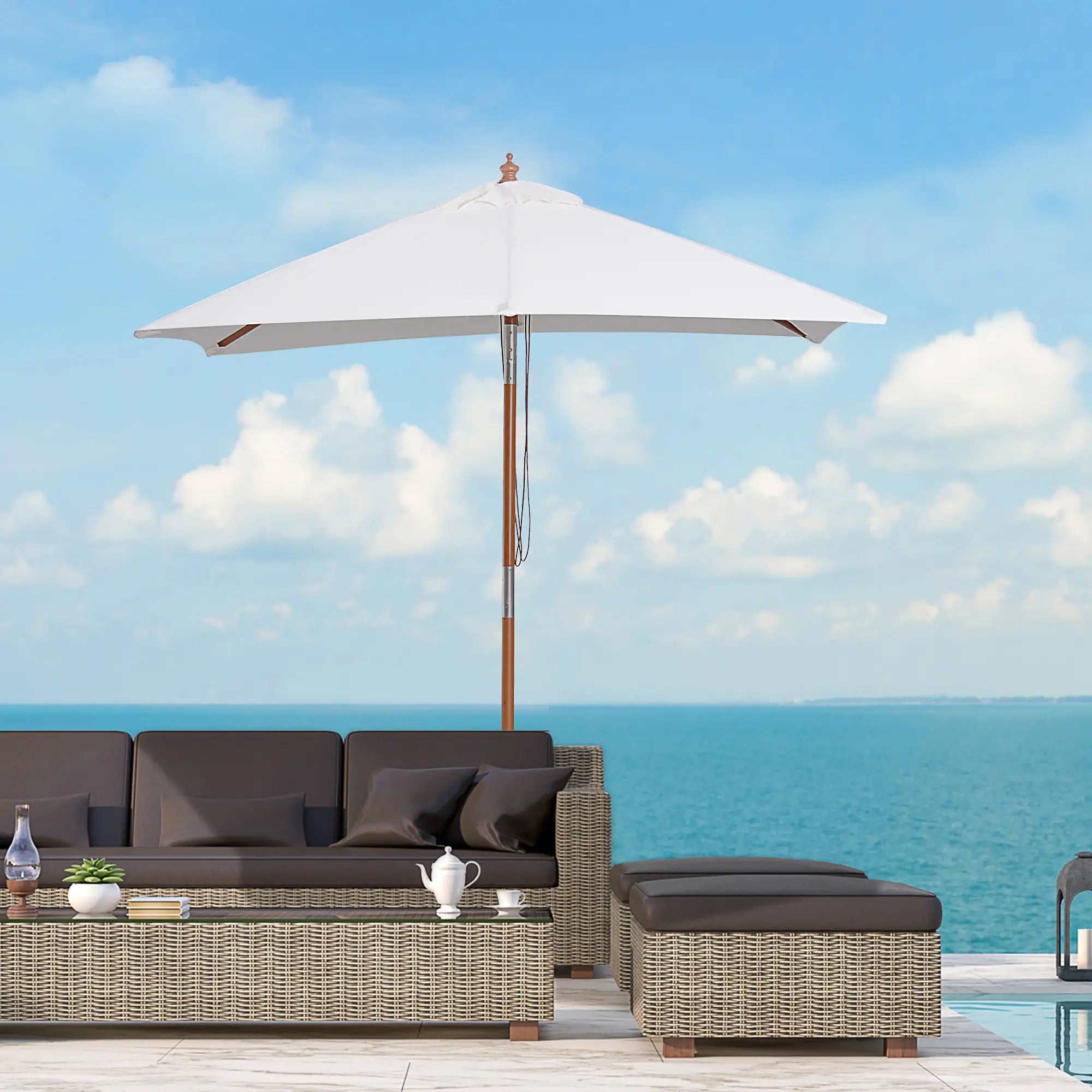 6.6x5ft Fir Wooden Patio Umbrella, Square Market Parasol, Tilt Mechanism, 6 Ribs, Cream White Sun Umbrellas at Gallery Canada