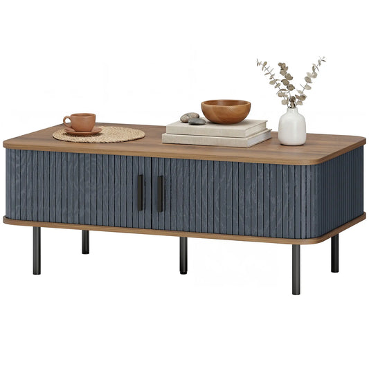 Nordic Side Table with Fluted Tambour Sliding Doors and Steel Legs, Coffee Table with Storage for Living Room, Black Coffee Tables Black, Walnut at Gallery Canada