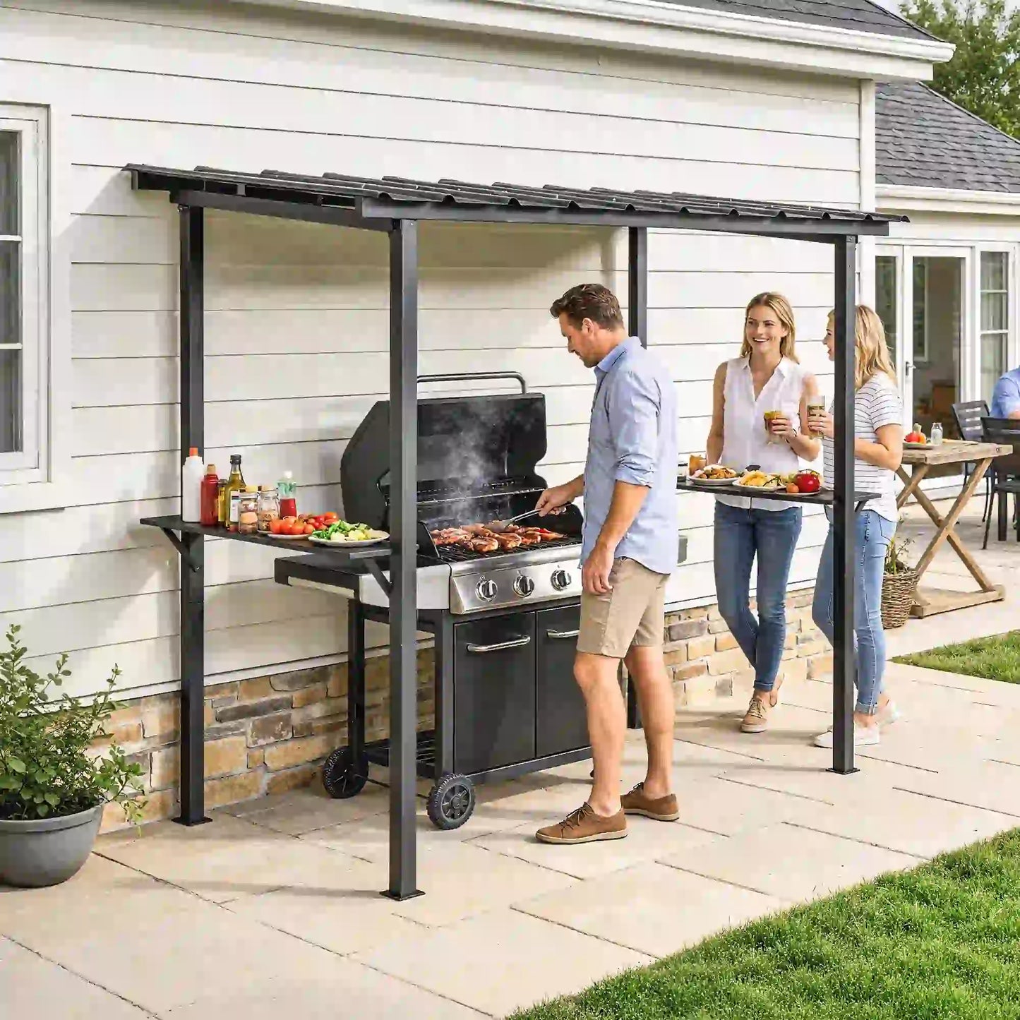 9' x 6' Hardtop Grill Gazebo, With 2 Side Shelves, Black BBQ Grill Gazebos at Gallery Canada