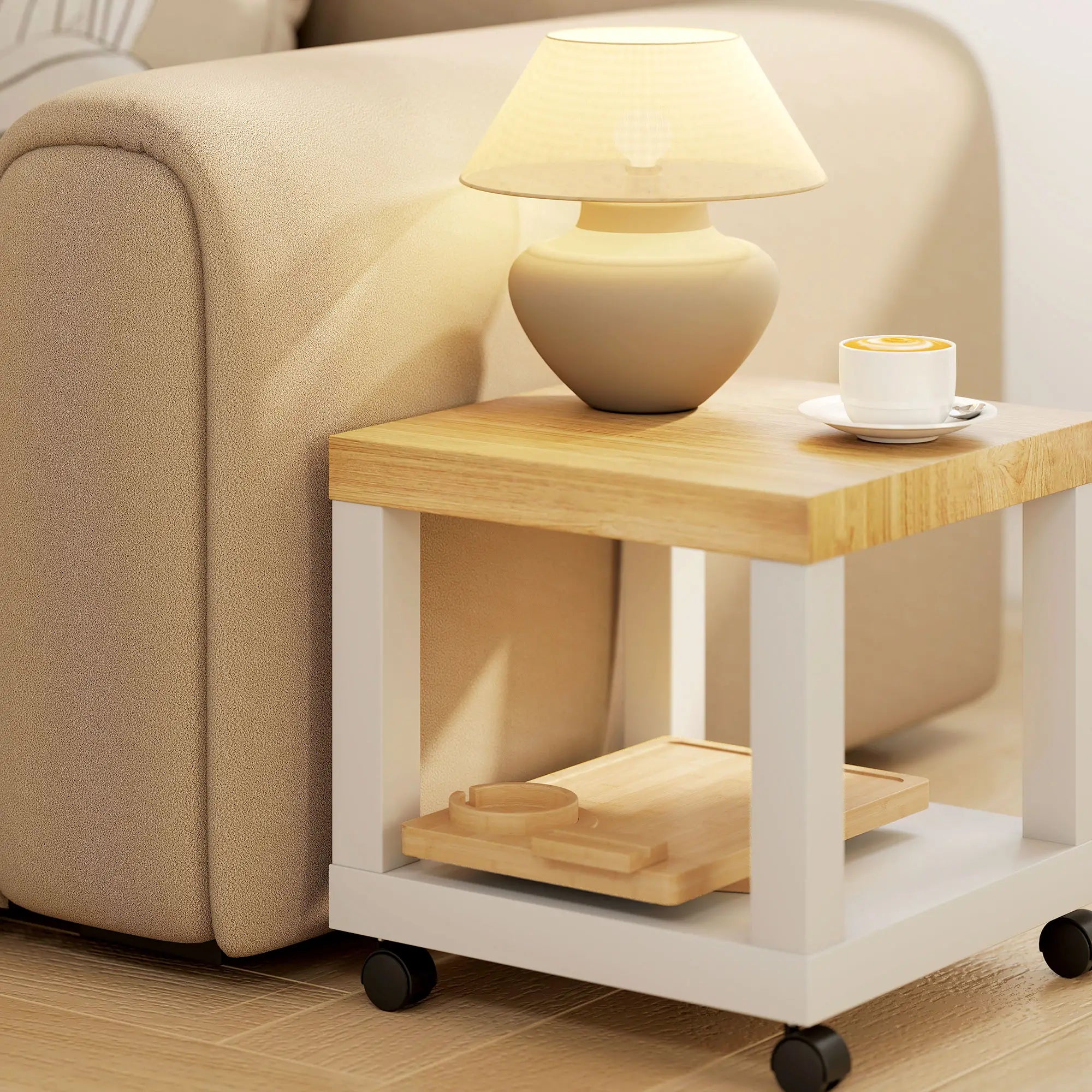 Clip-On Side Table, 360 Rotating Phone Holder, Removable Cup Holder, Natural Living Room Furniture at Gallery Canada