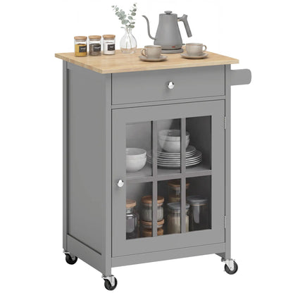 Rolling Kitchen Cart with Drawer and Glass Door Cabinet, Kitchen Island on Wheels with Towel Rack, Dark Grey Kitchen Islands & Kitchen Carts Dark Grey, Oak at Gallery Canada