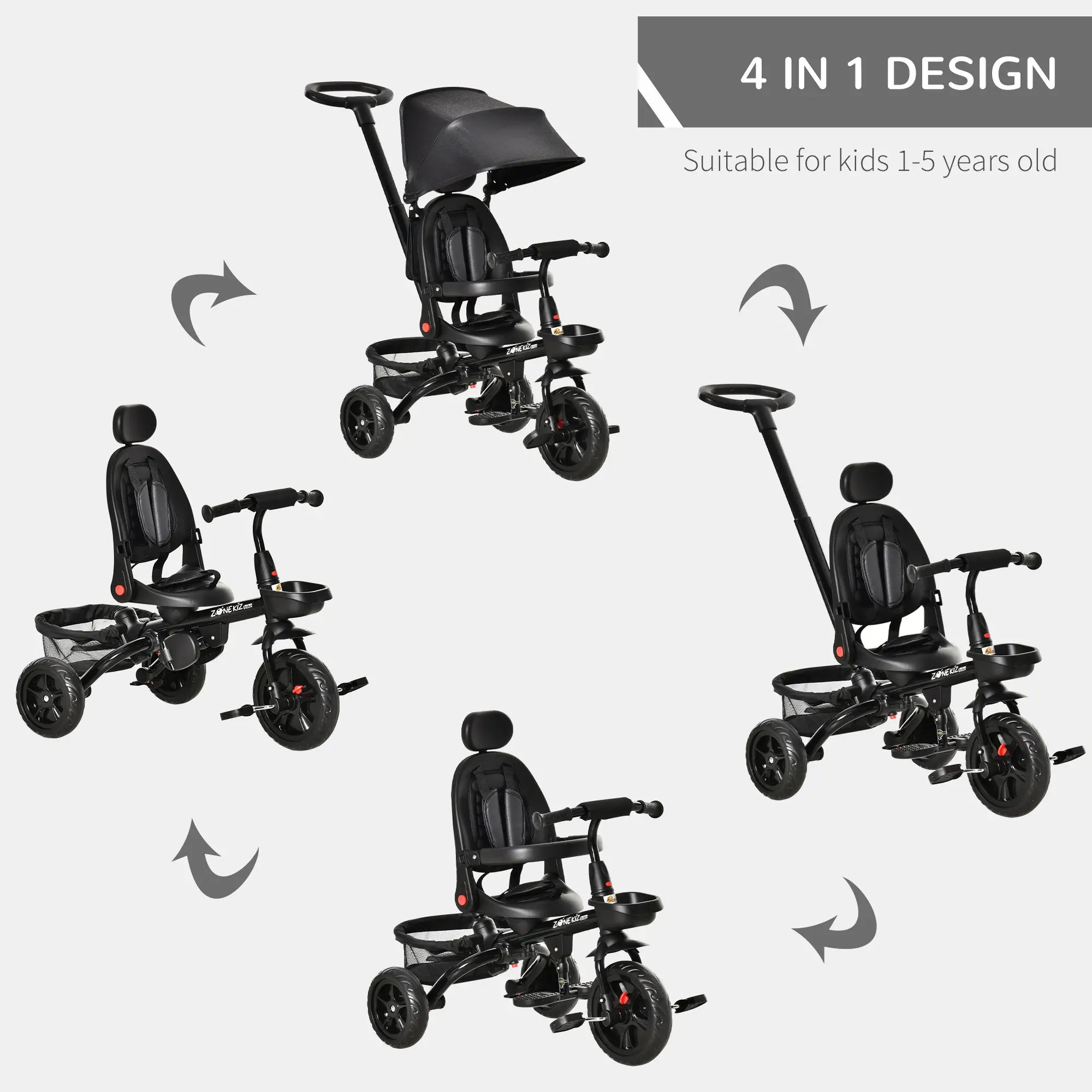 Toddler Tricycle, 4 in 1 Kids Trike, Adjustable Seat, Removable Handle, Black Tricycles for Kids at Gallery Canada