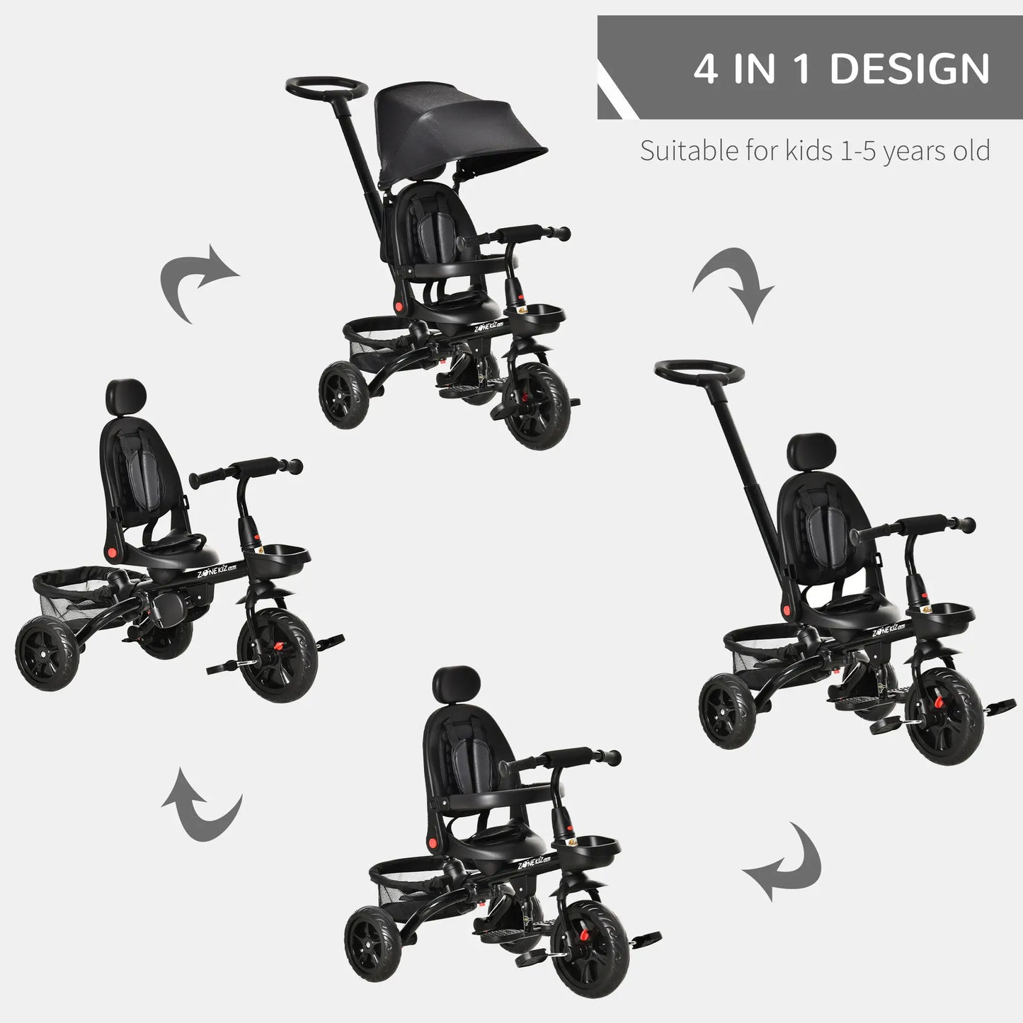 Toddler Tricycle, 4 in 1 Kids Trike, Adjustable Seat, Removable Handle, Black Tricycles for Kids at Gallery Canada