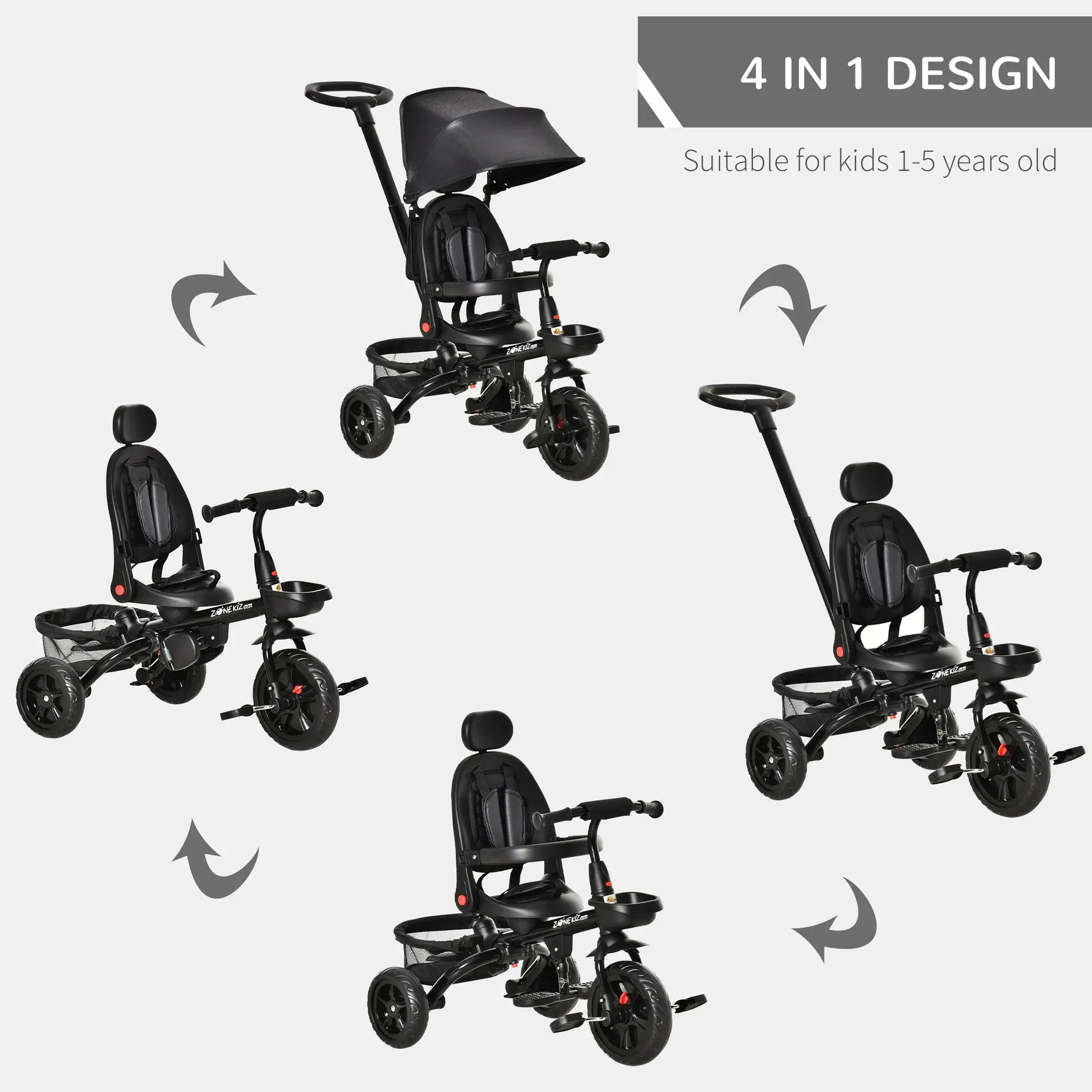 Toddler Tricycle, 4 in 1 Kids Trike, Adjustable Seat, Removable Handle, Black Tricycles for Kids at Gallery Canada