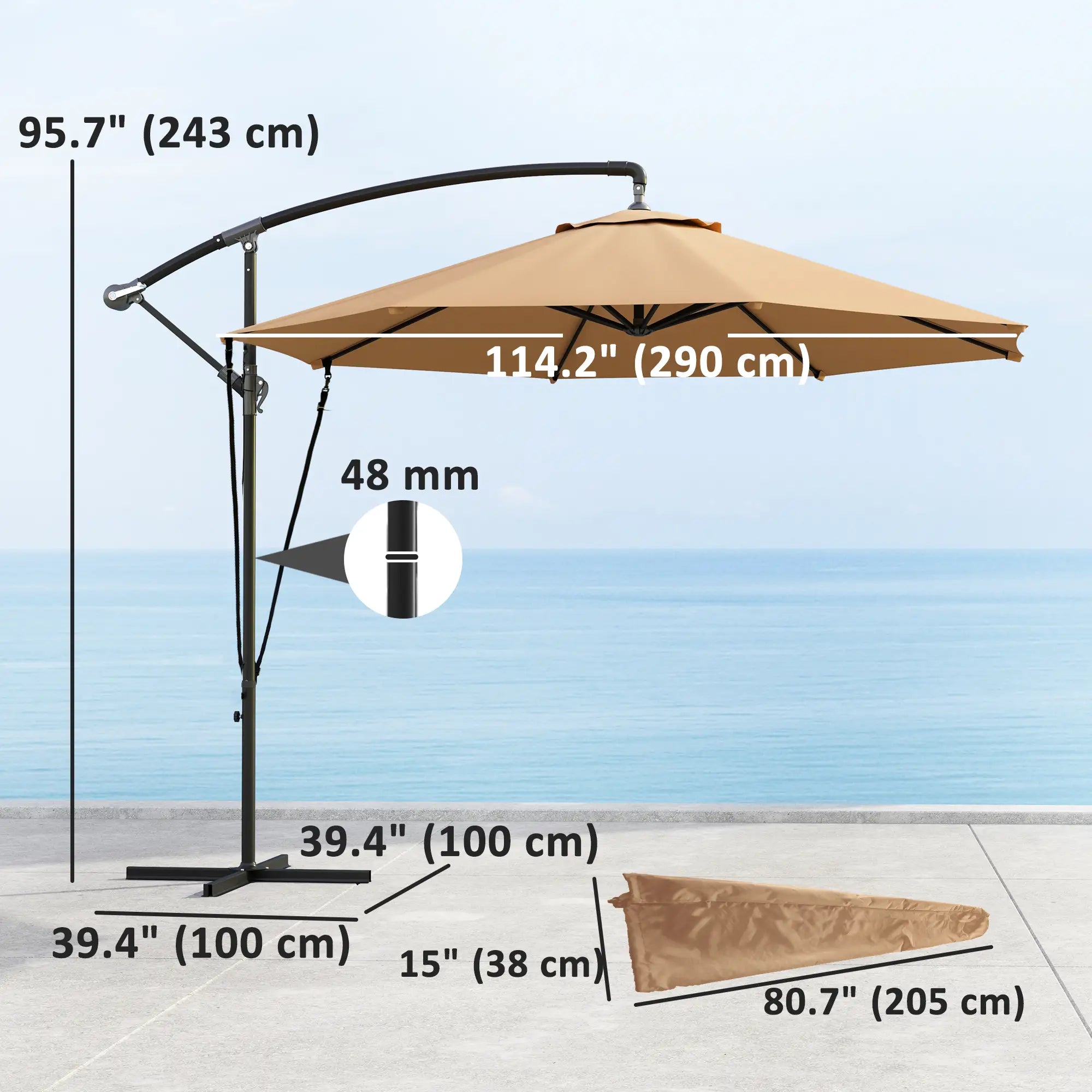 9.5' Cantilever Umbrella With Wind Strap, Cover, Crank, Cross Base, Khaki Offset Cantilever Umbrellas at Gallery Canada