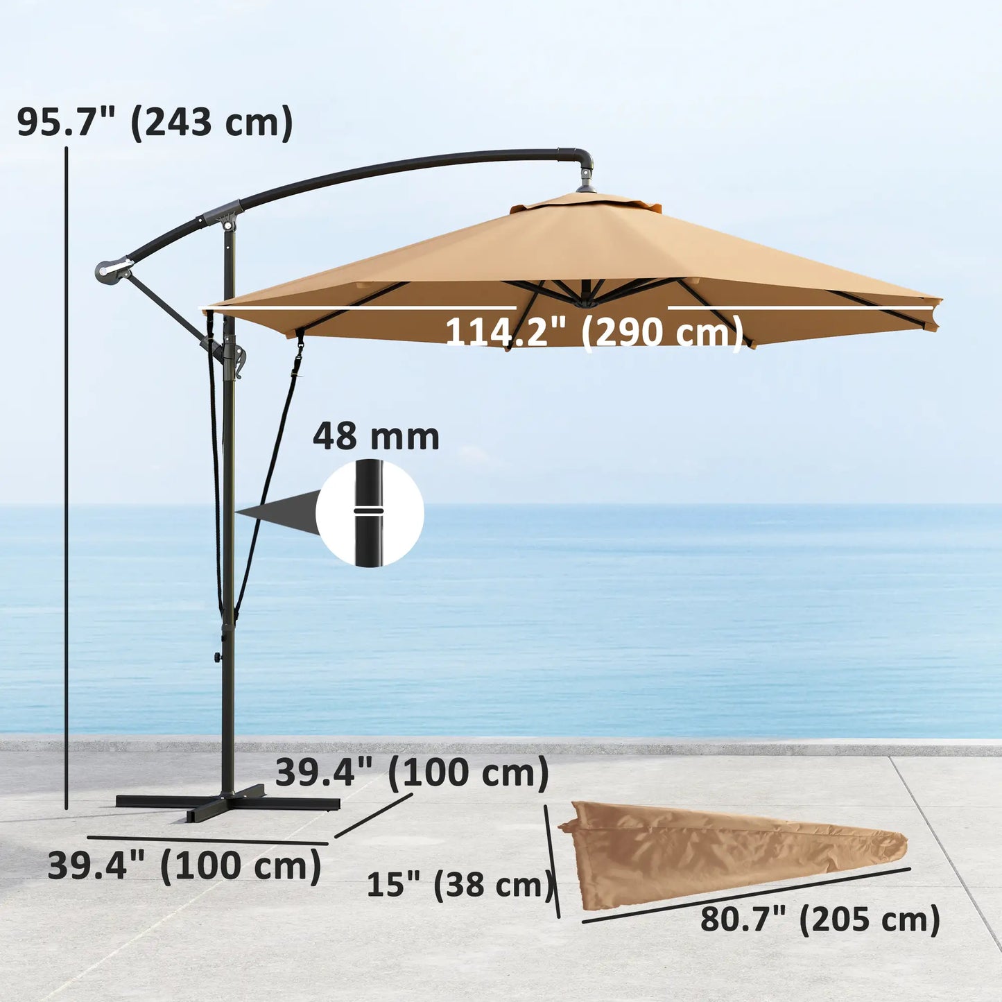 9.5' Cantilever Umbrella With Wind Strap, Cover, Crank, Cross Base, Khaki Offset Cantilever Umbrellas at Gallery Canada