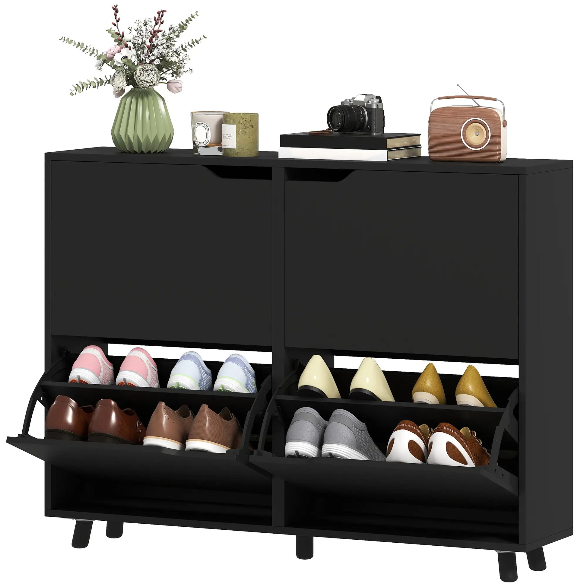 Narrow Shoe Cabinet, 4 Flip Drawers, Adjustable Shelves, 16 Pairs, Black Shoe Storage Cabinets & Racks Black at Gallery Canada