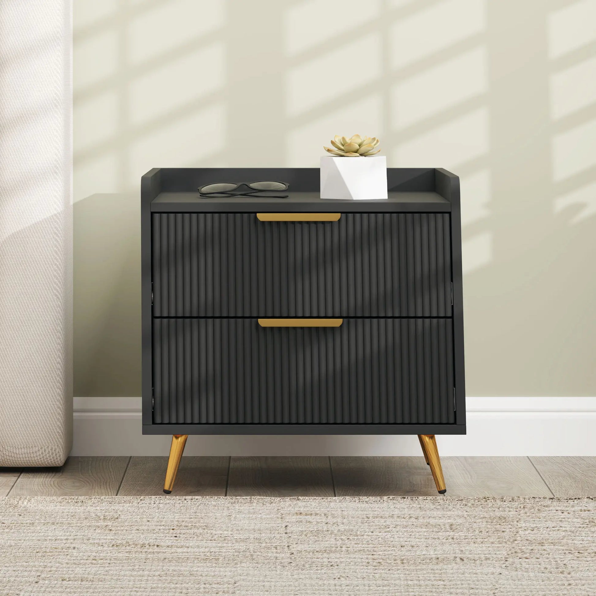 Black Bedside Table, Nightstand with 2 Drawers, Metal Legs, Black Bedside Tables at Gallery Canada