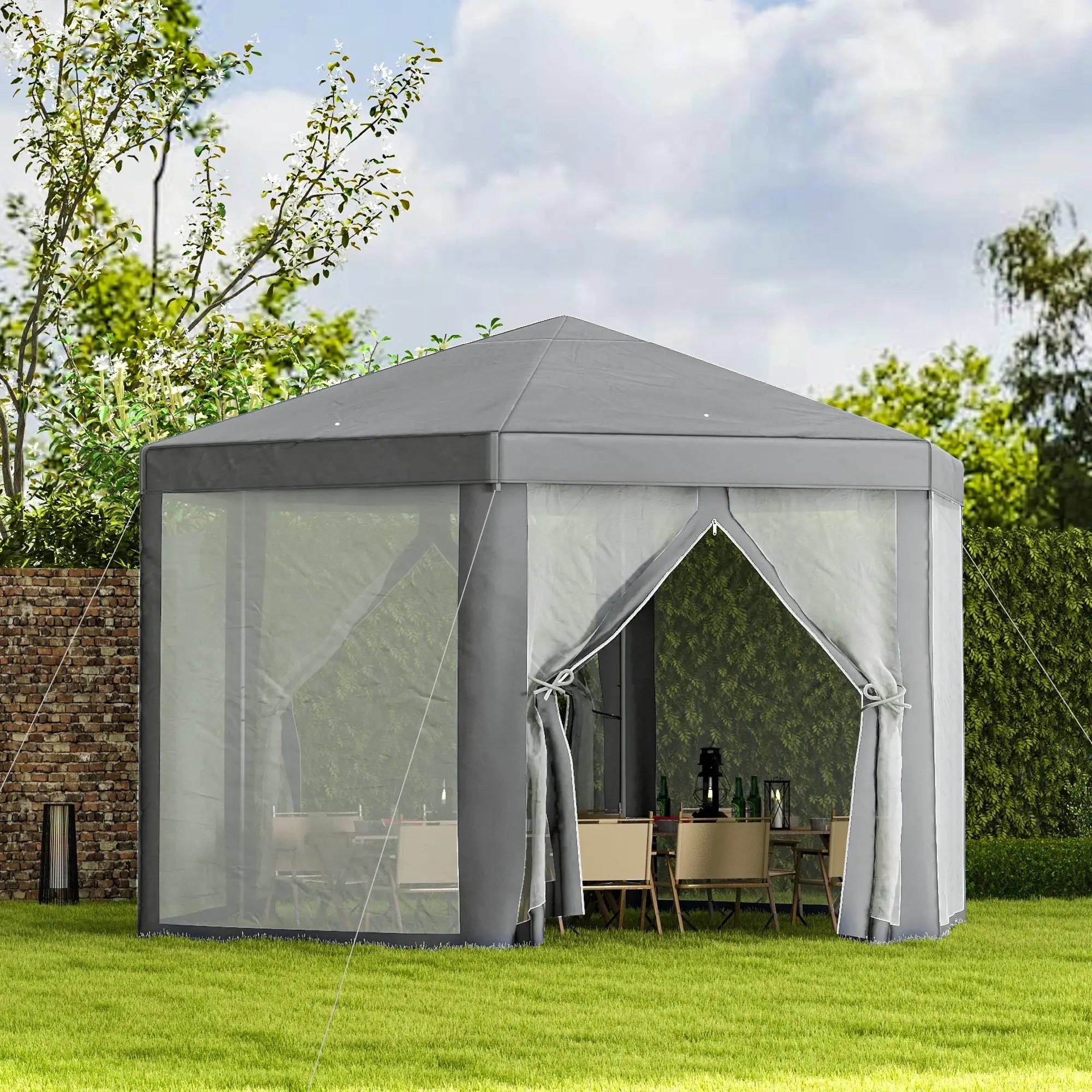 Hexagon Party Tent, Patio Gazebo with Netting, Dark Grey Canopy Tents at Gallery Canada