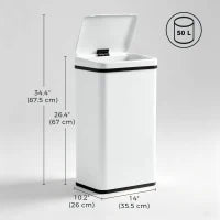 Poubelle automatique de 50 L, couvercle à fermeture douce, acier inoxydable, blanc