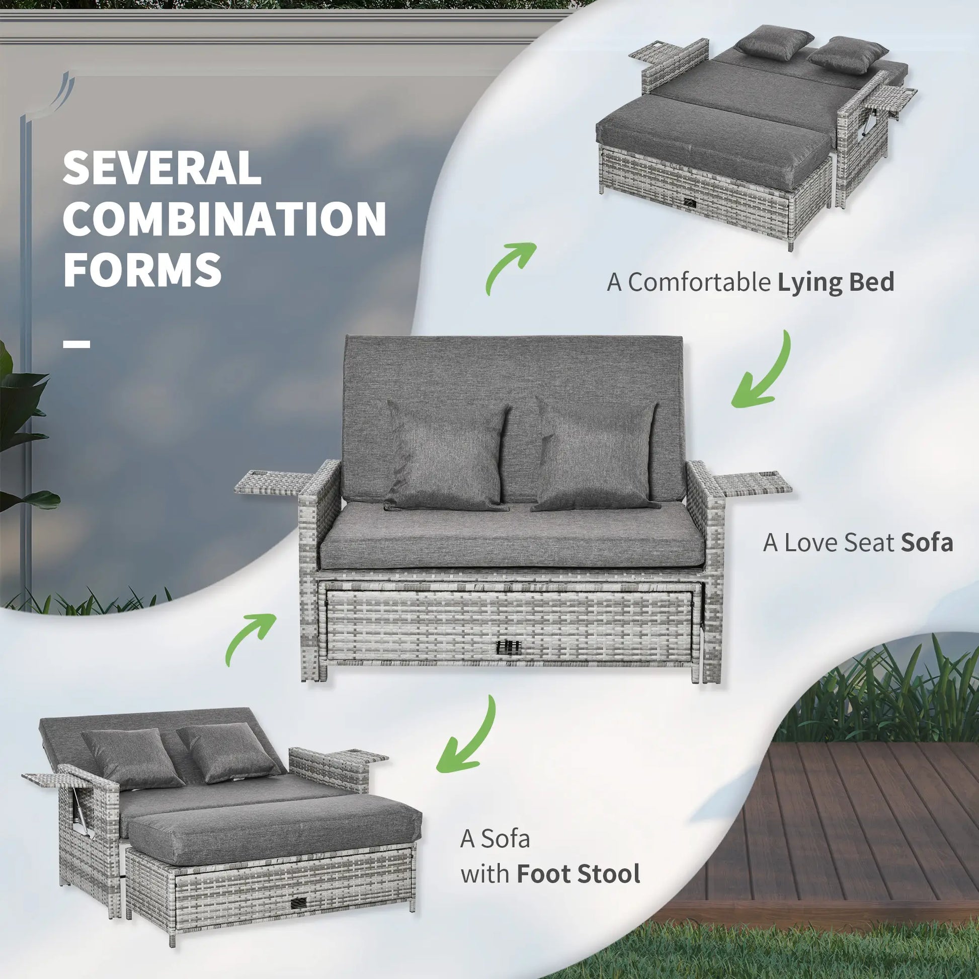 2 Piece Rattan Outdoor Daybed, 2 Seater Sofa Set with Footstool, Grey Patio Furniture Sets at Gallery Canada