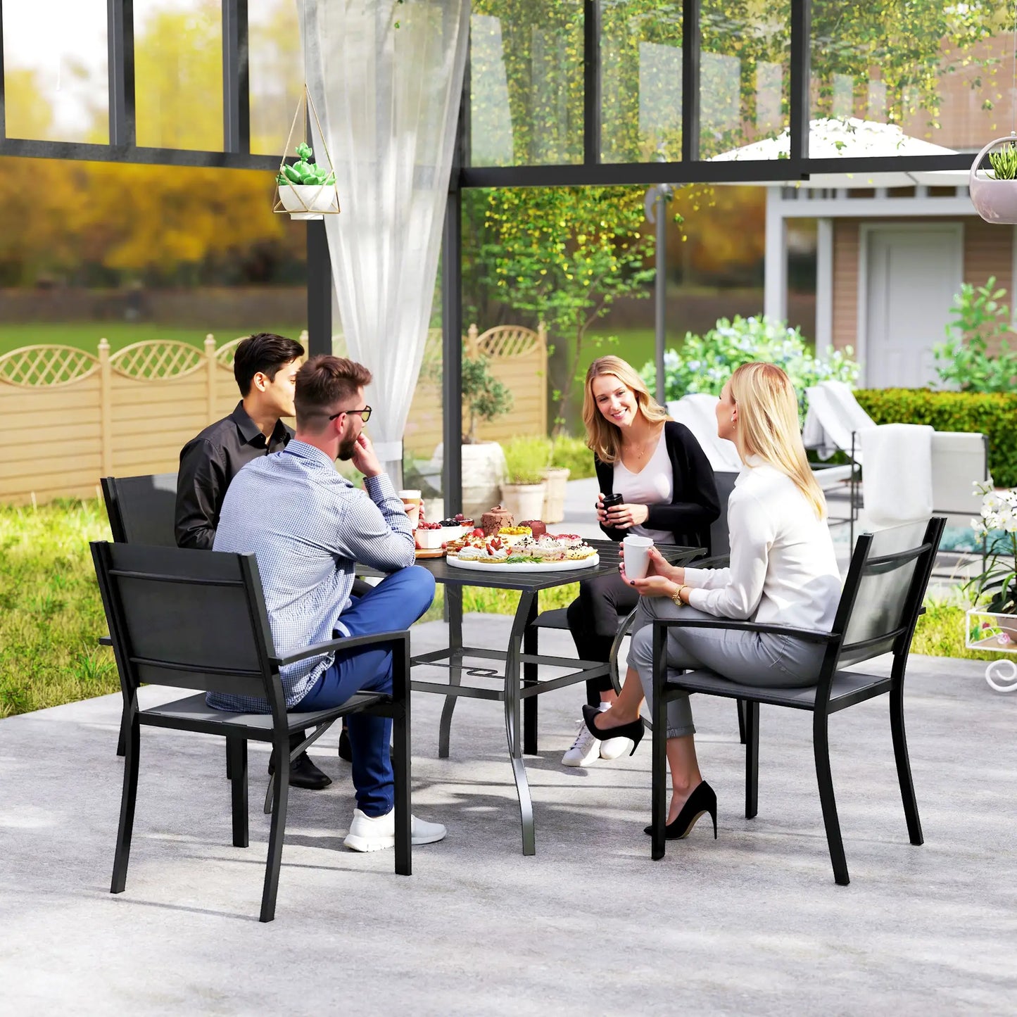 Square Outdoor Dining Table, Slatted Metal Top, 48 Inch, Dark Grey Patio Dinning Tables at Gallery Canada