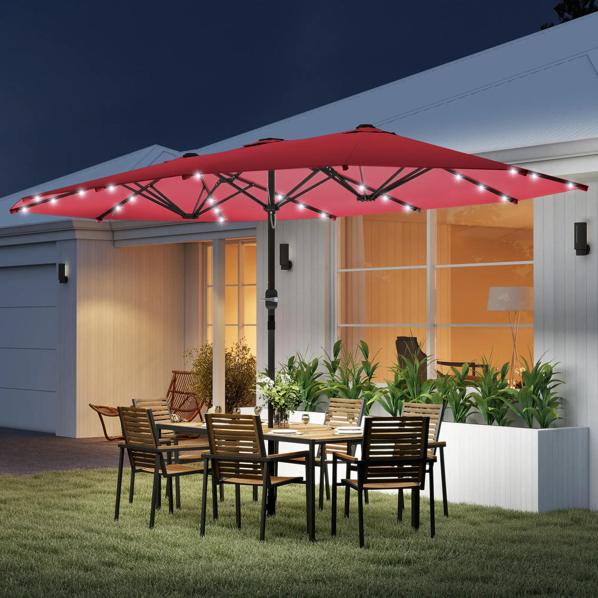 173.2" Double-Sided Sun Umbrella, LED Solar Light, No Base, Wine Red Double-sided Umbrellas at Gallery Canada