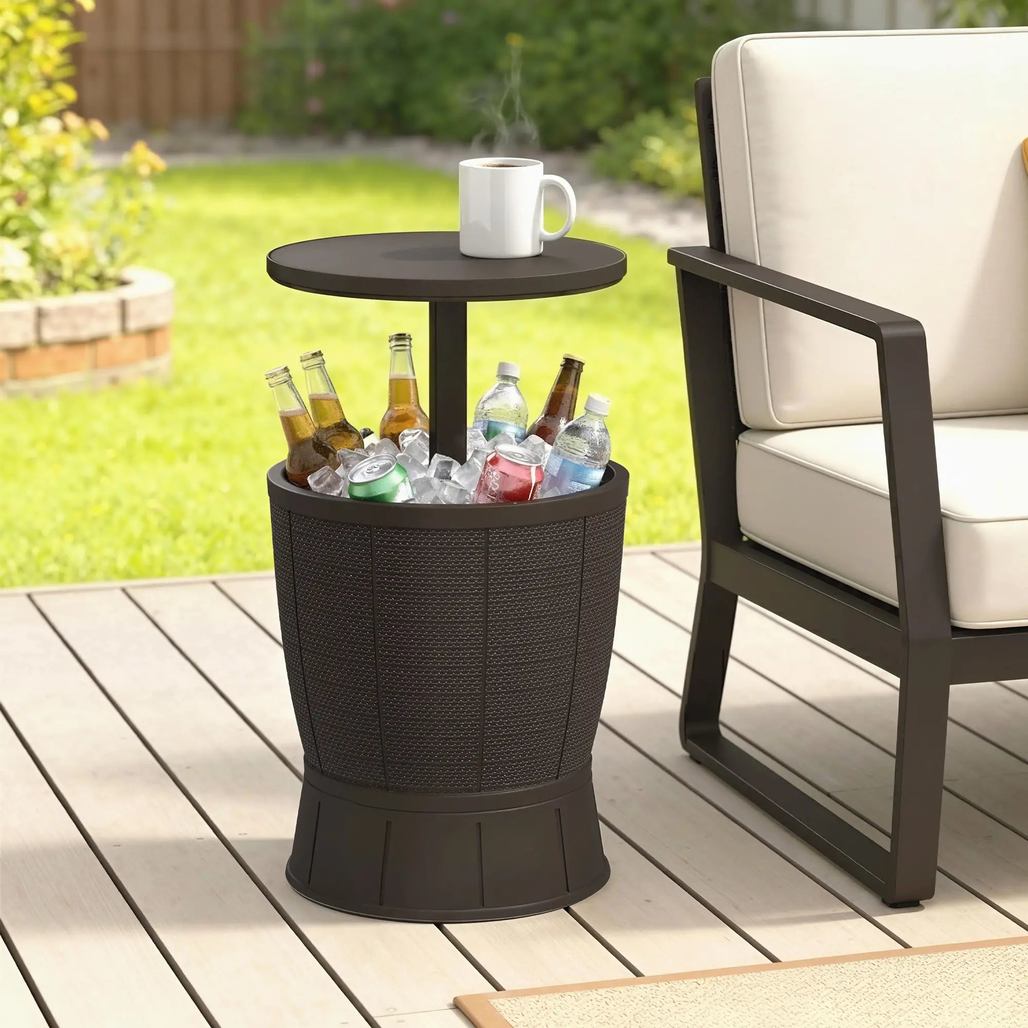 11 Gallon Patio Cooler Side Table, Height Adjustable Top, Drainage Plug, Brown Patio Side Tables at Gallery Canada