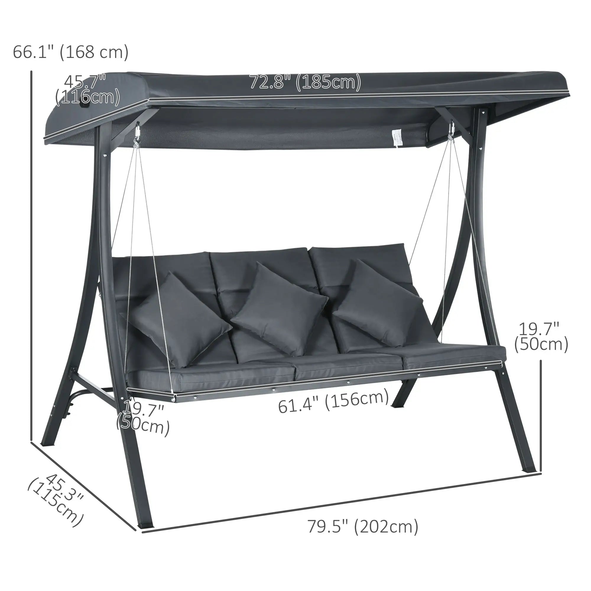 3-Person Patio Swing Chair, Adjustable Canopy, Cushioned Seat, Dark Grey Patio Swings with Stand at Gallery Canada
