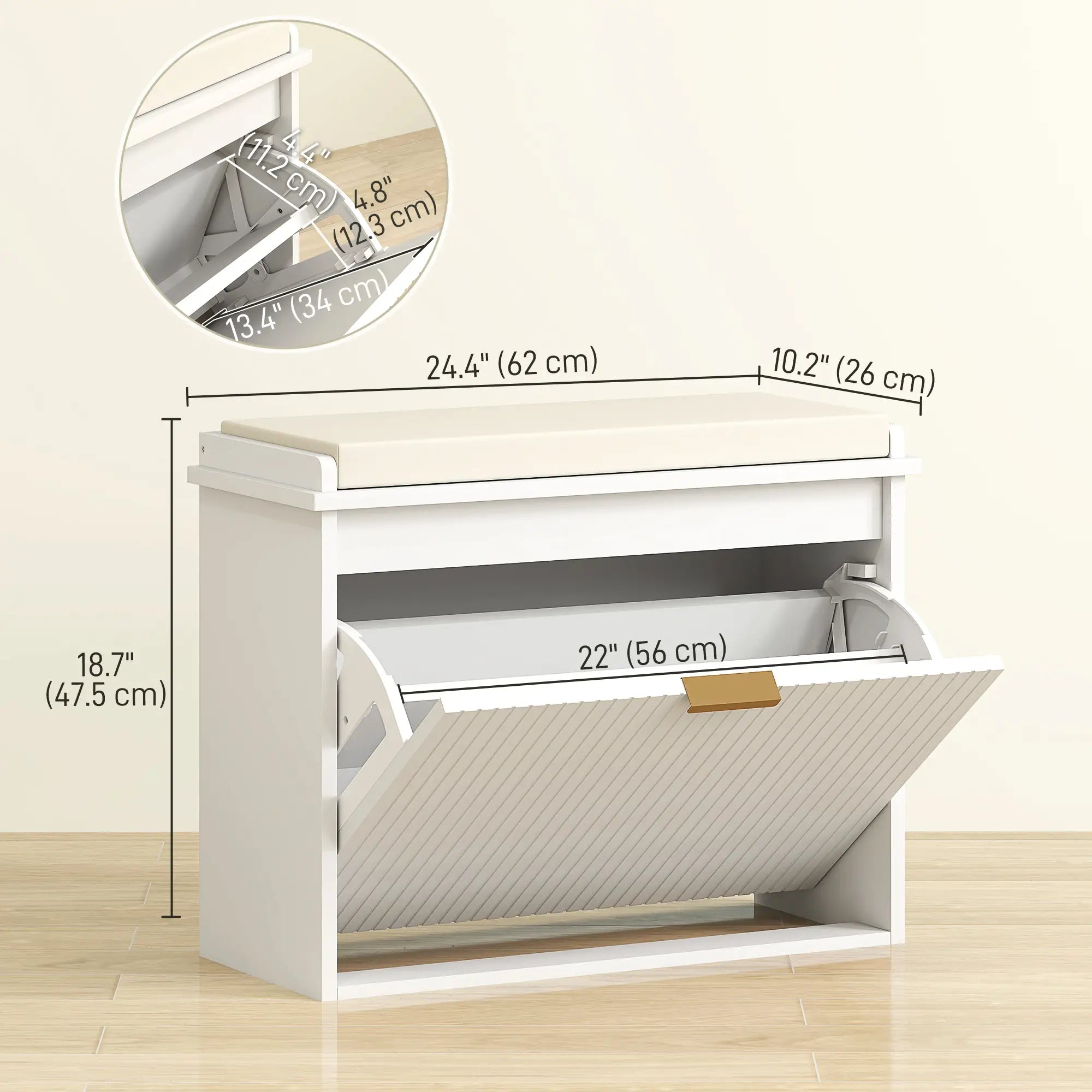Entryway Bench with Padded Seat, Flip-Drawers, Holds 265lbs, Shoe Storage for 6 Pairs, White Shoe Storage Cabinets & Racks at Gallery Canada