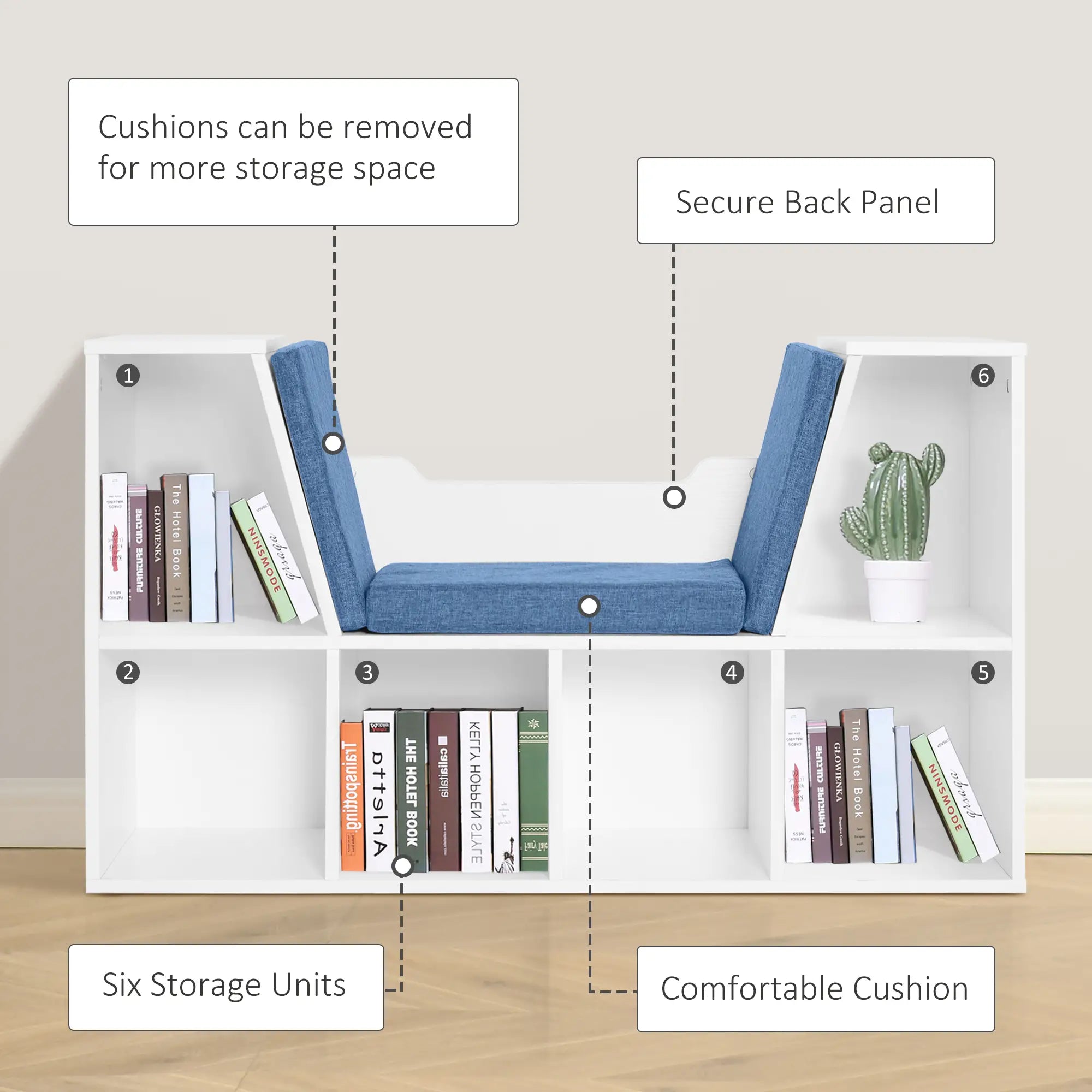 6-Cubby Bookcase with Seat Cushion, Cube Storage Shelf, Blue White Bookshelves at Gallery Canada