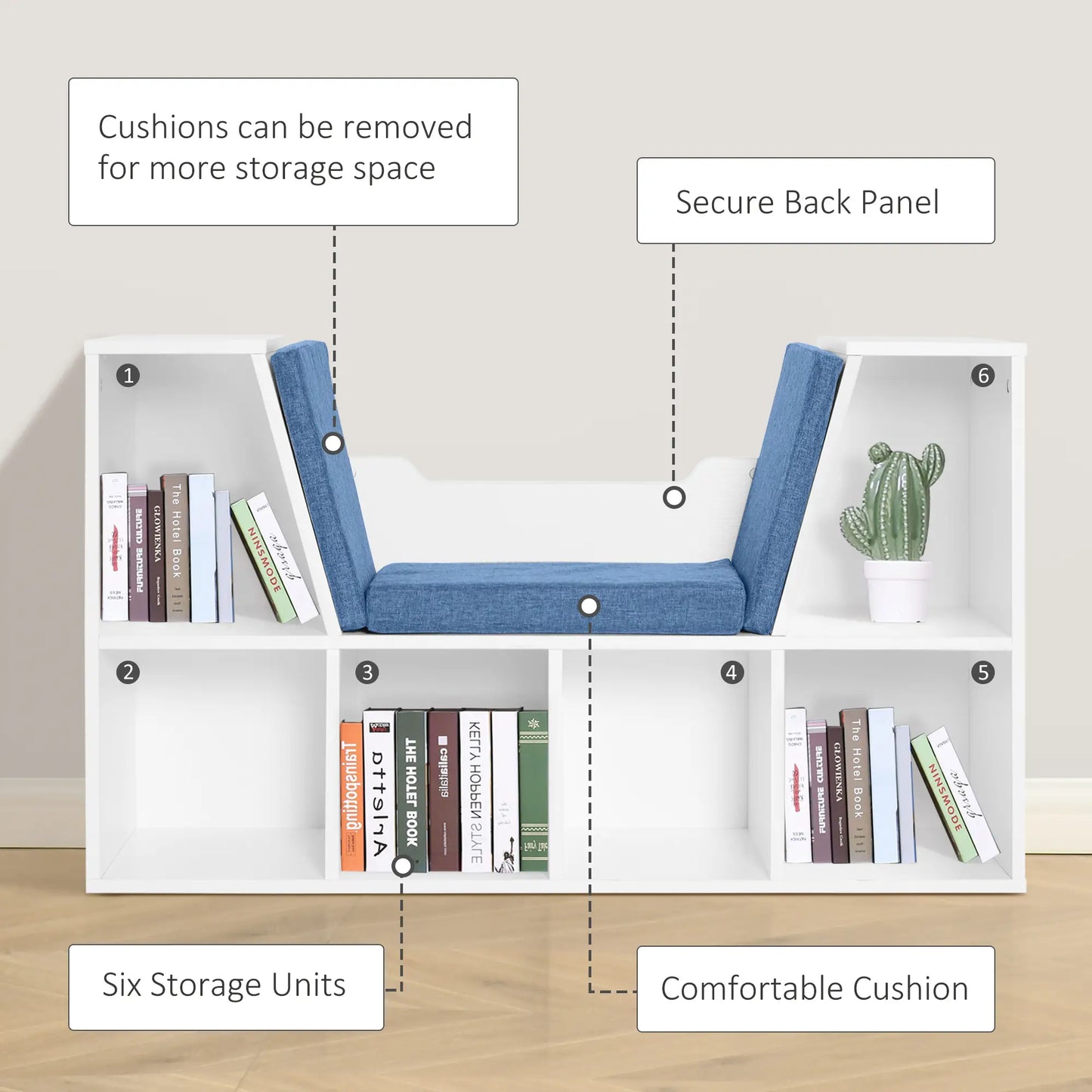 6-Cubby Bookcase with Seat Cushion, Cube Storage Shelf, Blue White Bookshelves at Gallery Canada