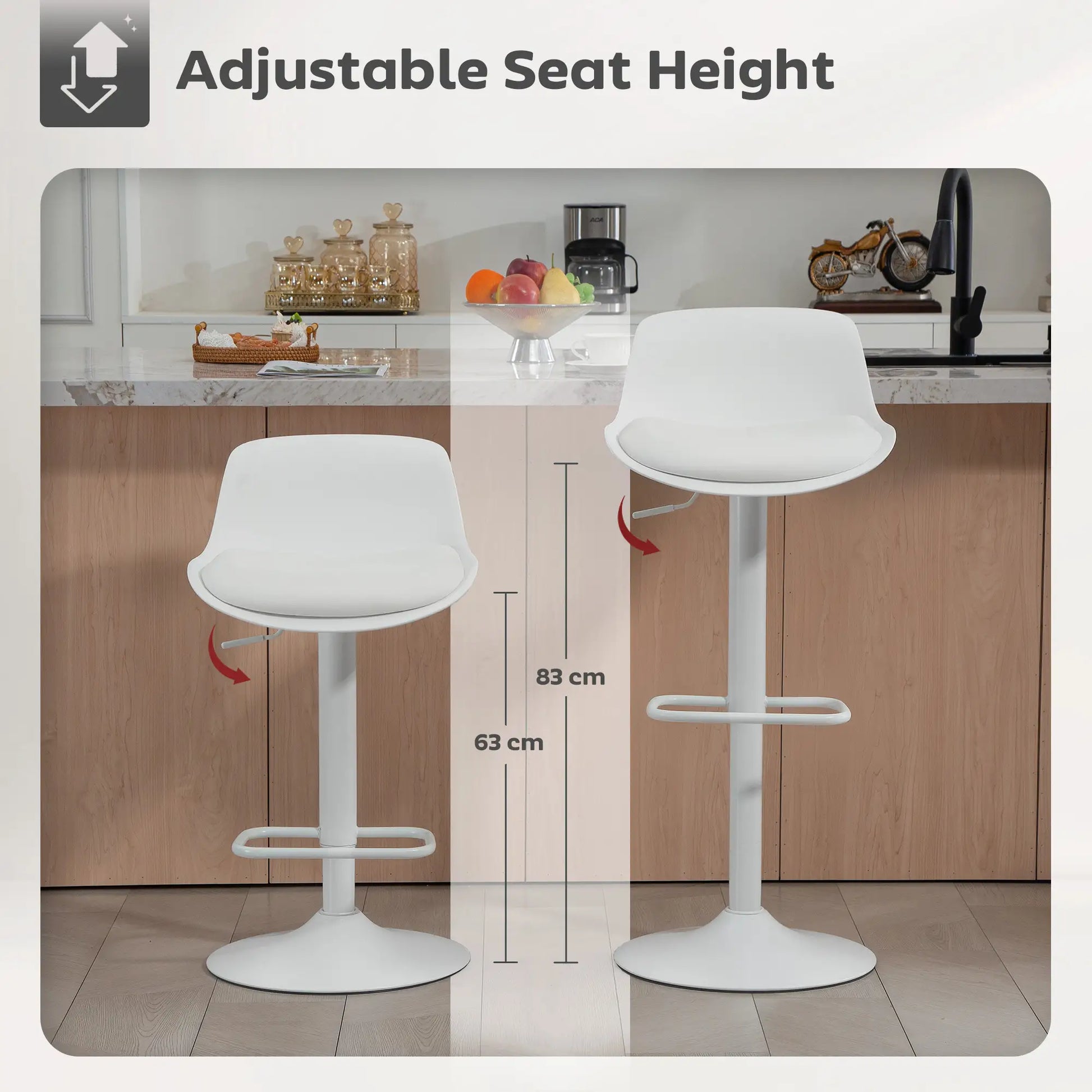 Counter Height Bar Stools Set of 2, Adjustable Swivel PU Leather, White Bar Stools at Gallery Canada