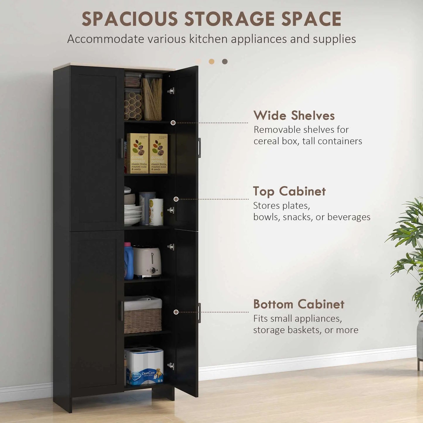 67" 4-Door Kitchen Pantry Cabinet, Adjustable Shelves, Black Kitchen Pantry Cabinets at Gallery Canada