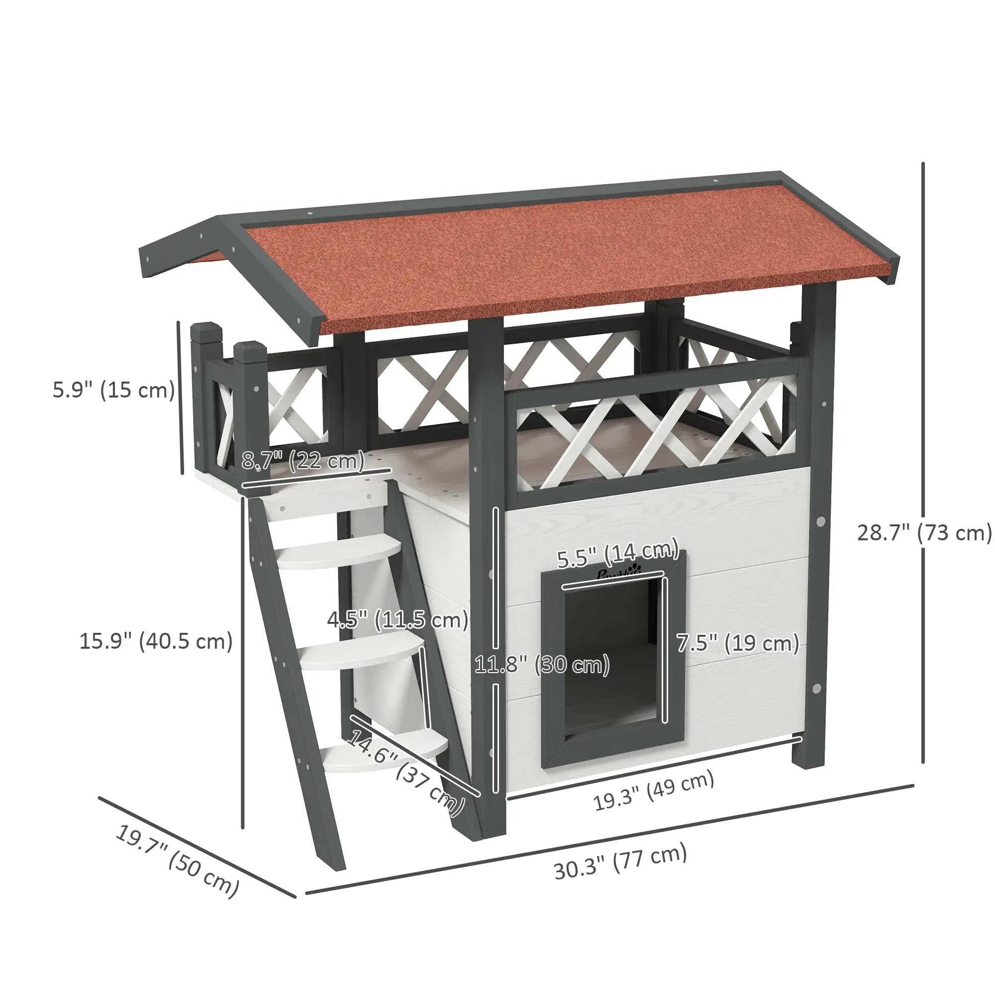 Wooden 2-Story Cat Shelter, Asphalt Roof, Stairs, Balcony, 30