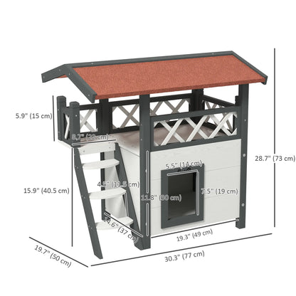 Wooden 2-Story Cat Shelter, Asphalt Roof, Stairs, Balcony, 30" x 20" x 29", White Cat Houses at Gallery Canada