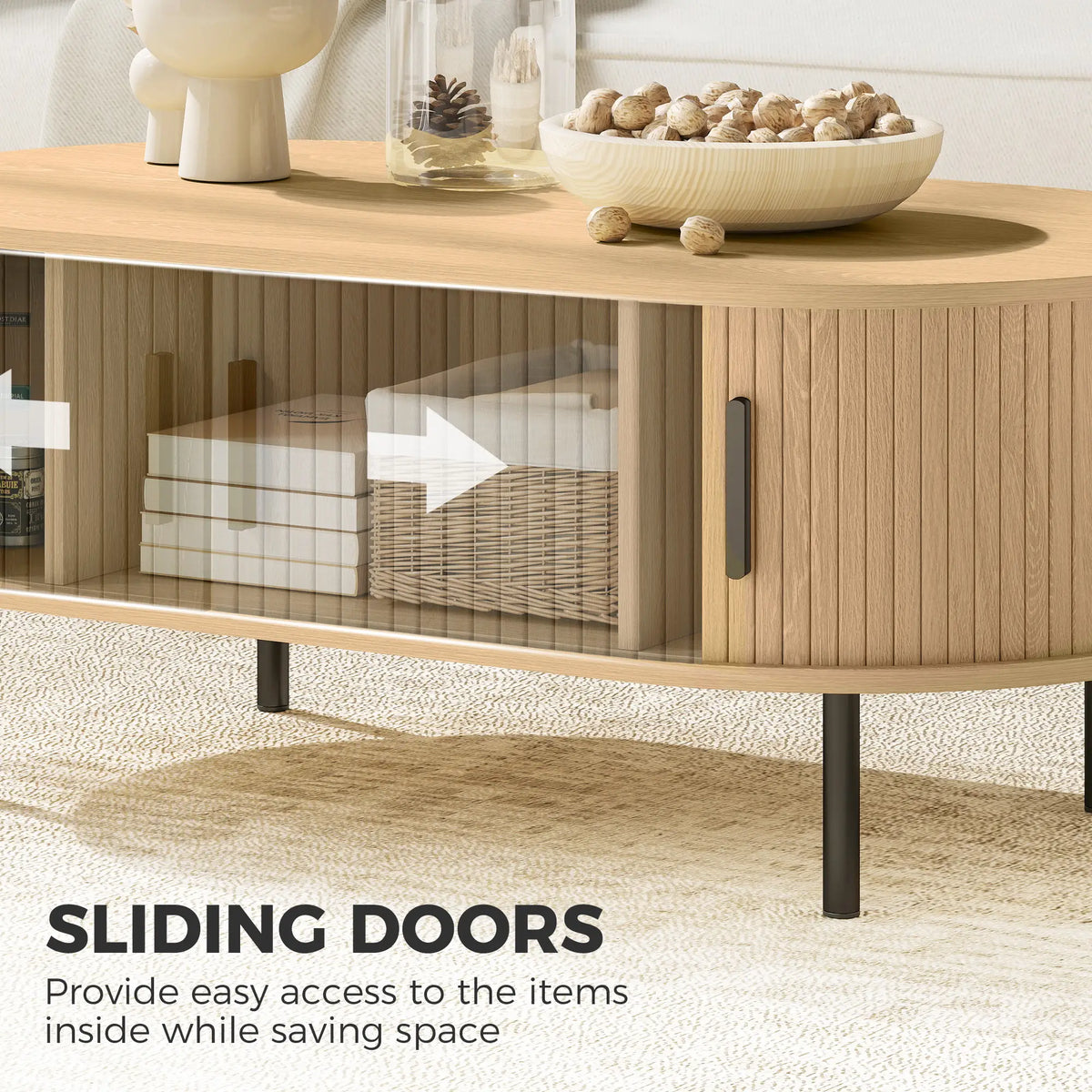 Coffee Table with Sliding Tambour Doors and Storage Center Table with Metal Legs, 39", Natural Coffee Tables at Gallery Canada