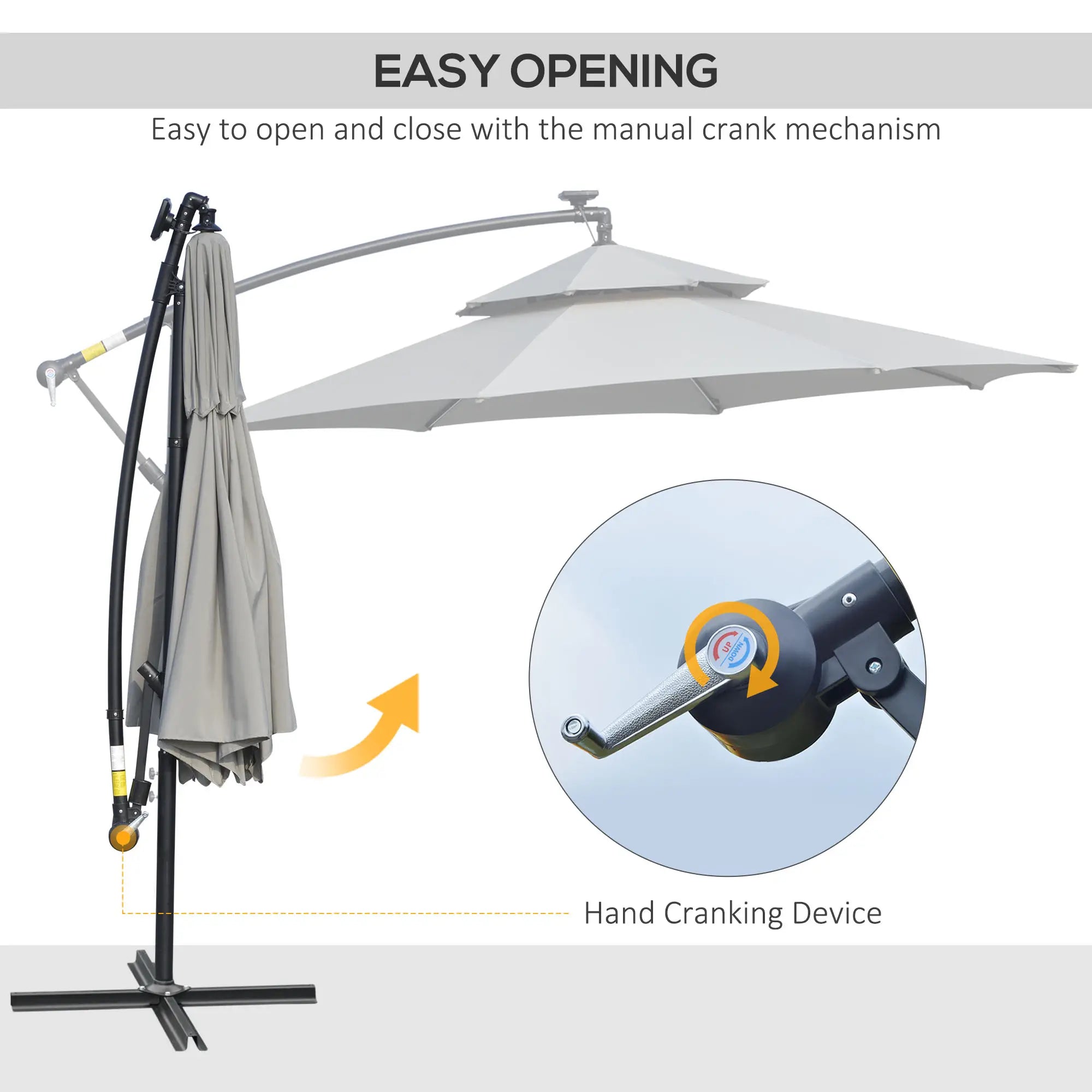 10FT Solar Cantilever Patio Umbrella with Lights, Crank, Cross Base, Light Grey Cantilever Umbrellas at Gallery Canada