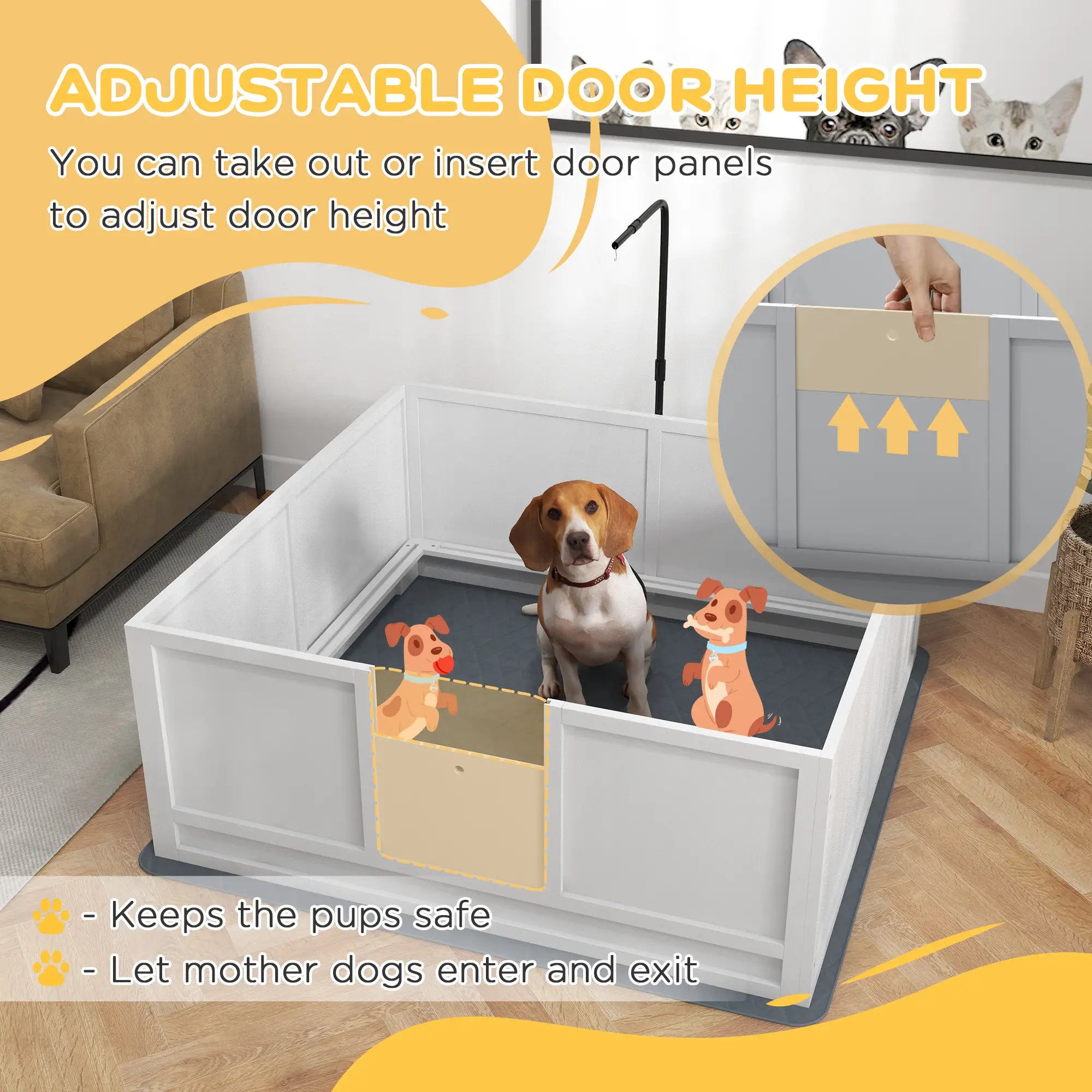 Dog Whelping Box, Waterproof Pad, Adjustable Door, 49