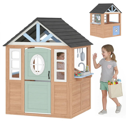 Kids Outdoor Playhouse, Wooden Cottage With Pet Door, Play Kitchen
