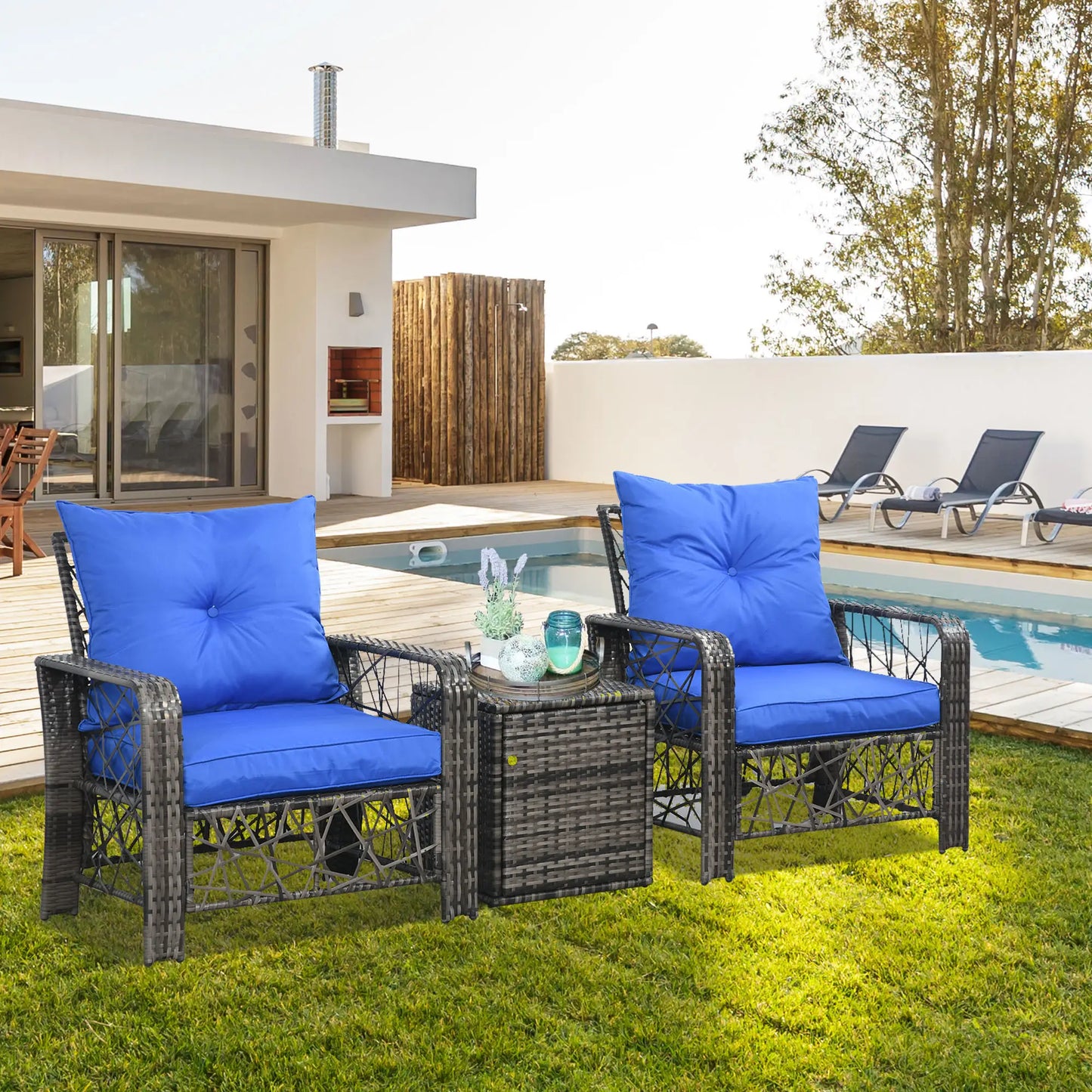 3 Pc Wicker Patio Set, Rattan Bistro with Storage Table, Thick Cushions, Blue Bistro Sets at Gallery Canada