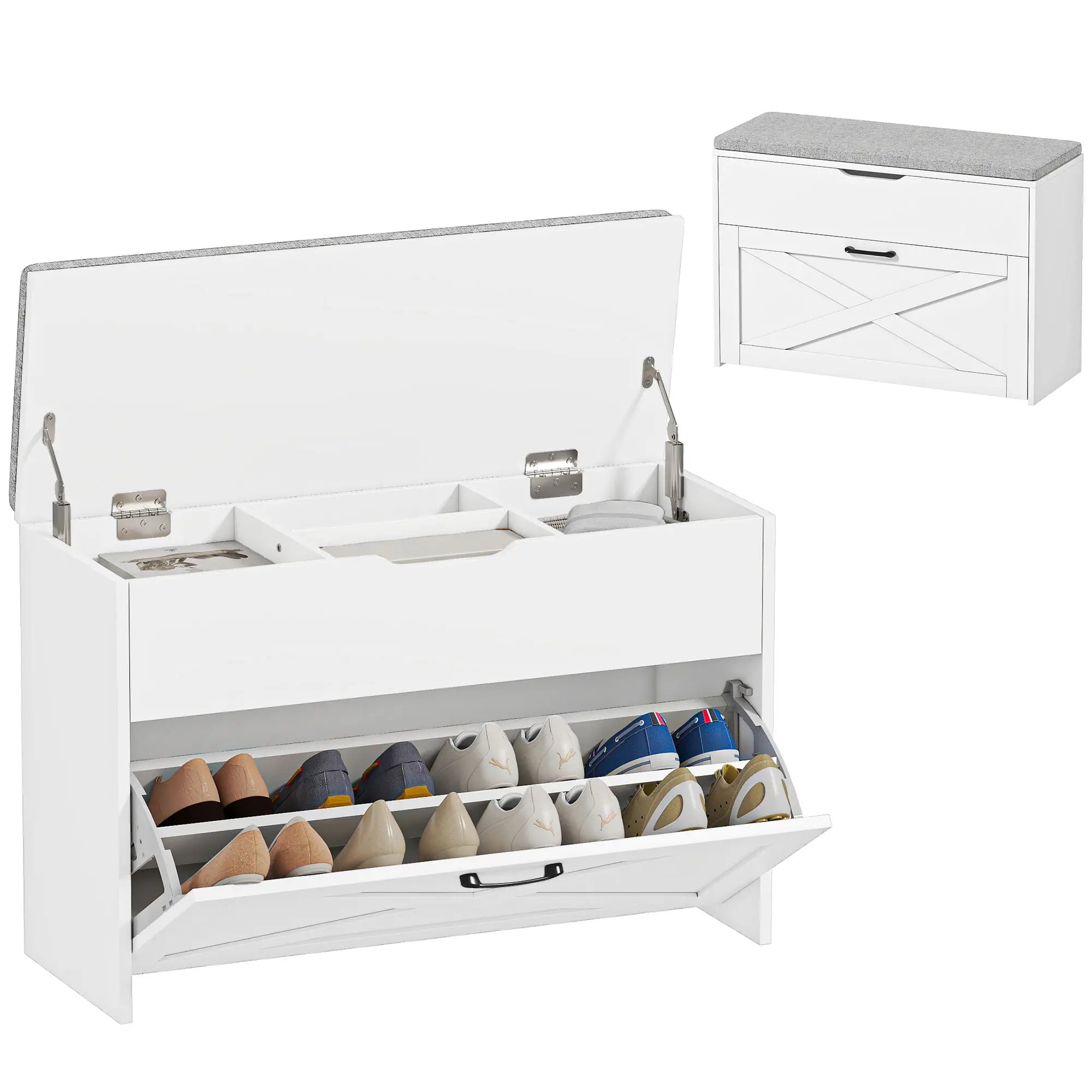 Shoe Storage Bench with Flip Drawer, Lift Top, Seat Cushion, White Shoe Storage Cabinets & Racks at Gallery Canada