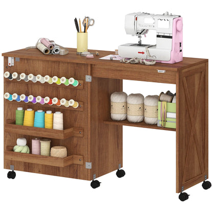 Sewing Machine Table on Wheels, Folding Craft Table with Storage, Brown Sewing Cabinets Brown at Gallery Canada