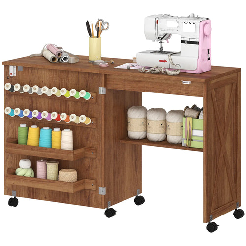 Sewing Machine Table on Wheels, Folding Craft Table with Storage, Brown