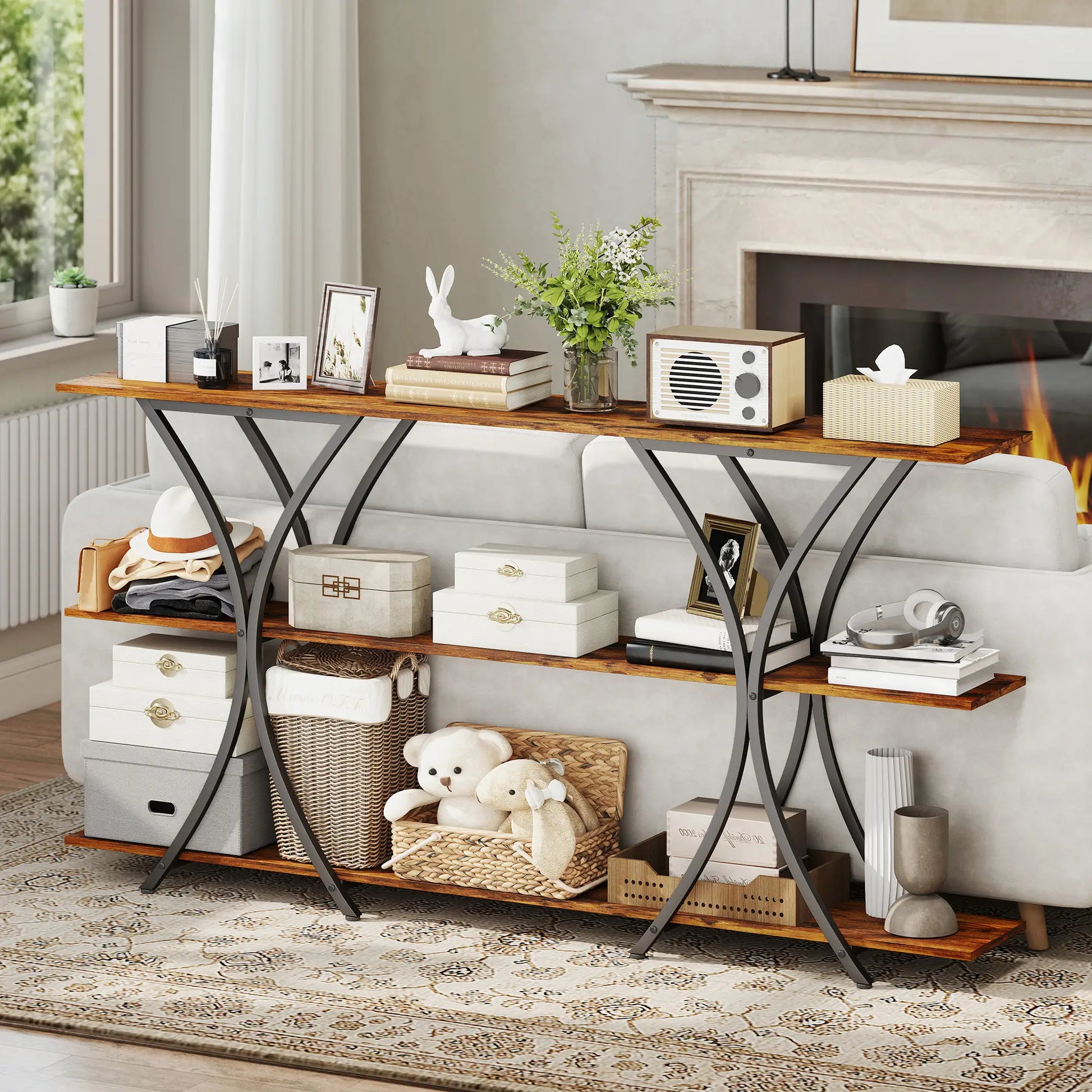 71 Inch Console Table, 3-Tier Industrial with 2 Shelves, Rustic Brown Console Tables at Gallery Canada
