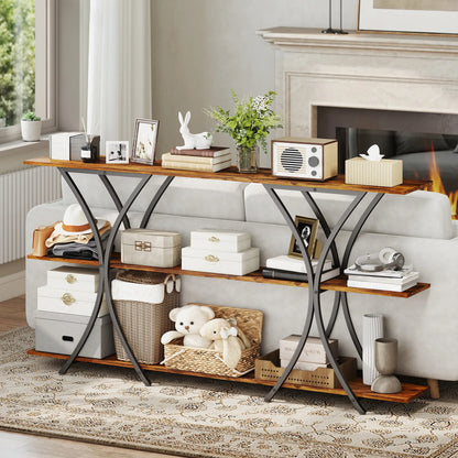 71 Inch Console Table, 3-Tier Industrial with 2 Shelves, Rustic Brown Console Tables at Gallery Canada