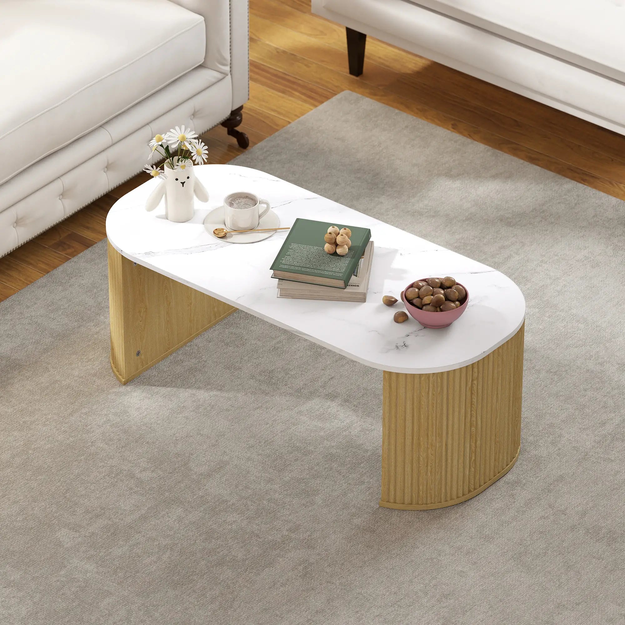 Modern Marble-Effect Coffee Table, Round Corners, Thicken Legs, Natural Wood Coffee Tables at Gallery Canada