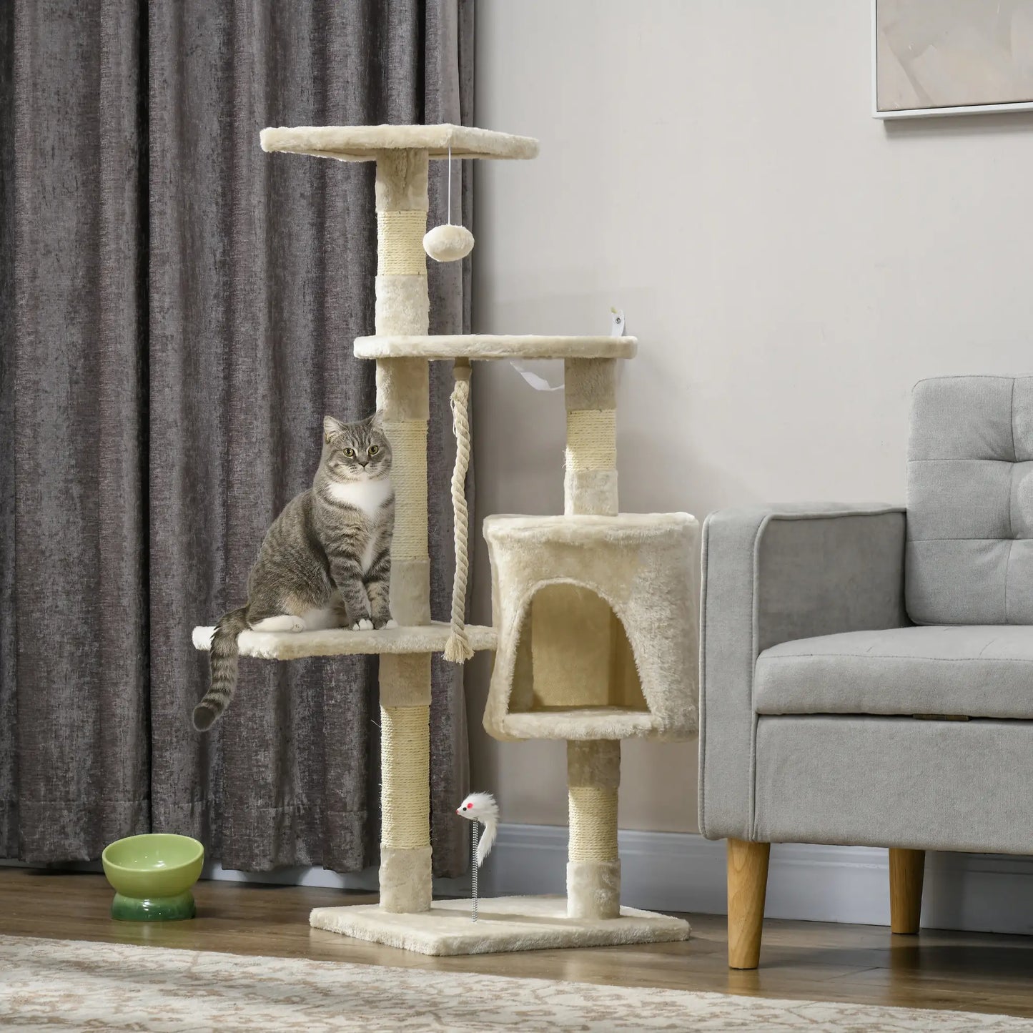 46" Scratching Cat Tree, Multi Level Activity Center, Kitty Condo, Beige Cat Posts at Gallery Canada