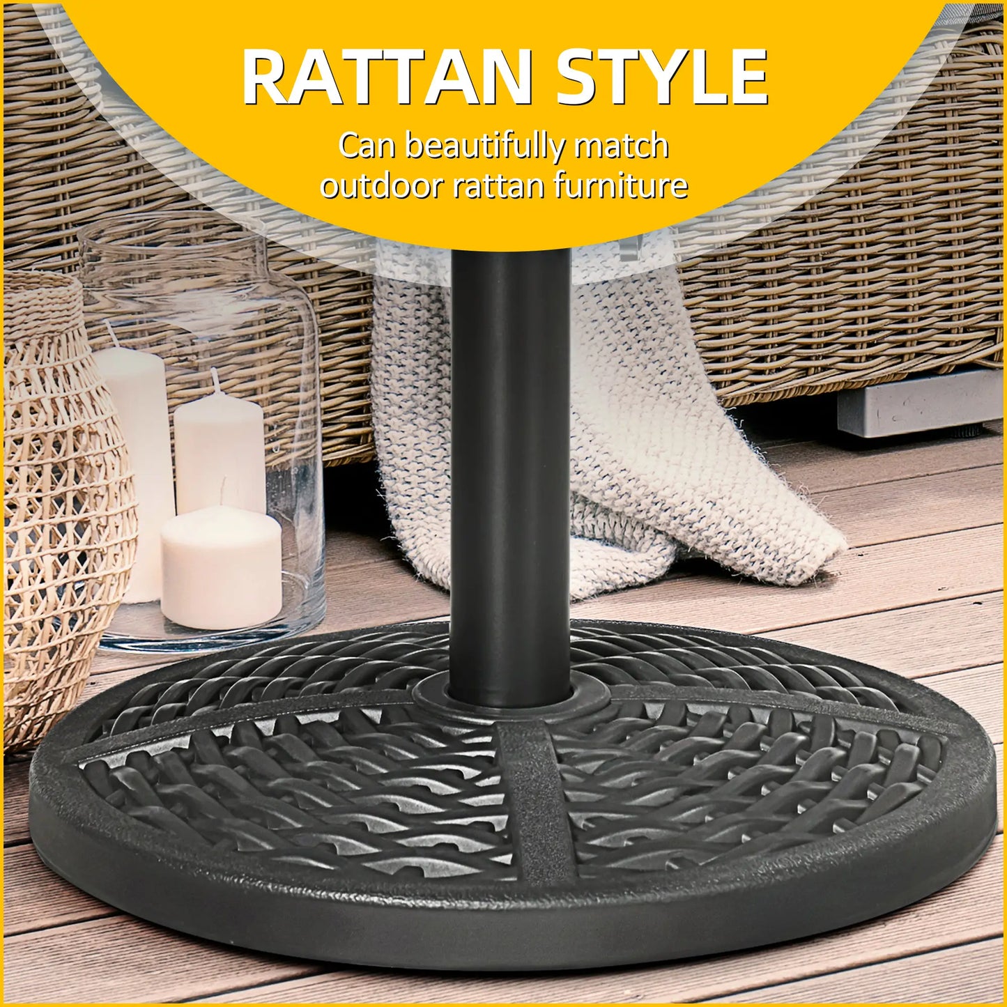 18" Heavy Duty Round Market Umbrella Base, Rattan Design, Black Umbrella Bases at Gallery Canada