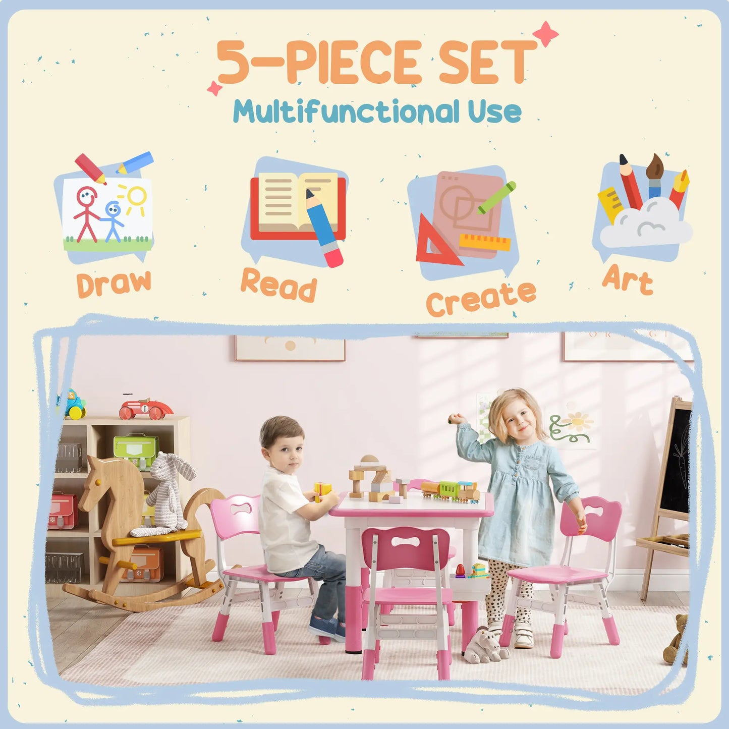 5 Pc Toddler Table and Chair Set, Adjustable Height, Pink Kids Table Sets at Gallery Canada