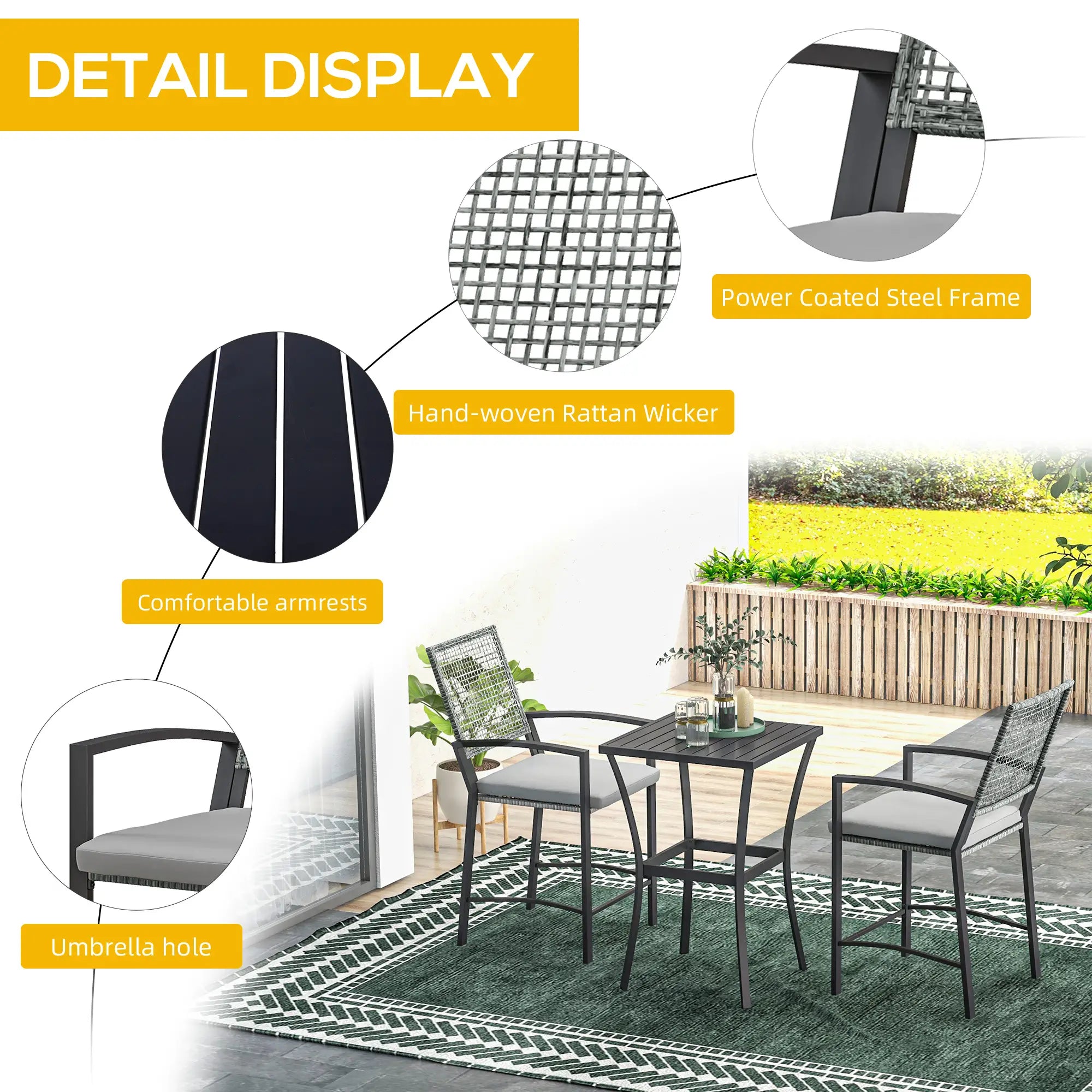 3pc Rattan Patio Bar Table, Chairs with Cushions, Bar Furniture Bistro Sets at Gallery Canada