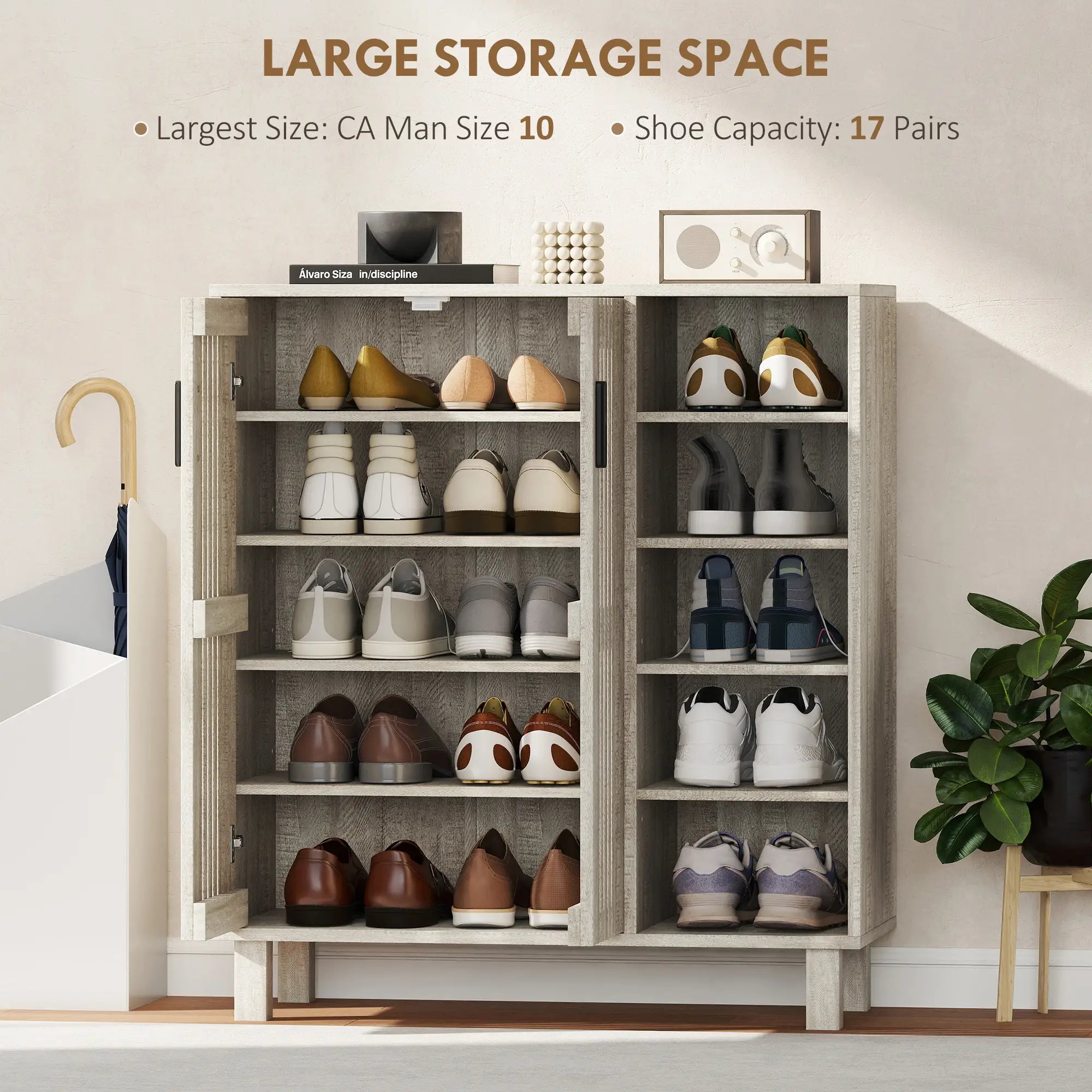 Shoe Storage with Double Doors, Open Shelves, 17 Pair, Light Grey Shoe Storage Cabinets & Racks at Gallery Canada