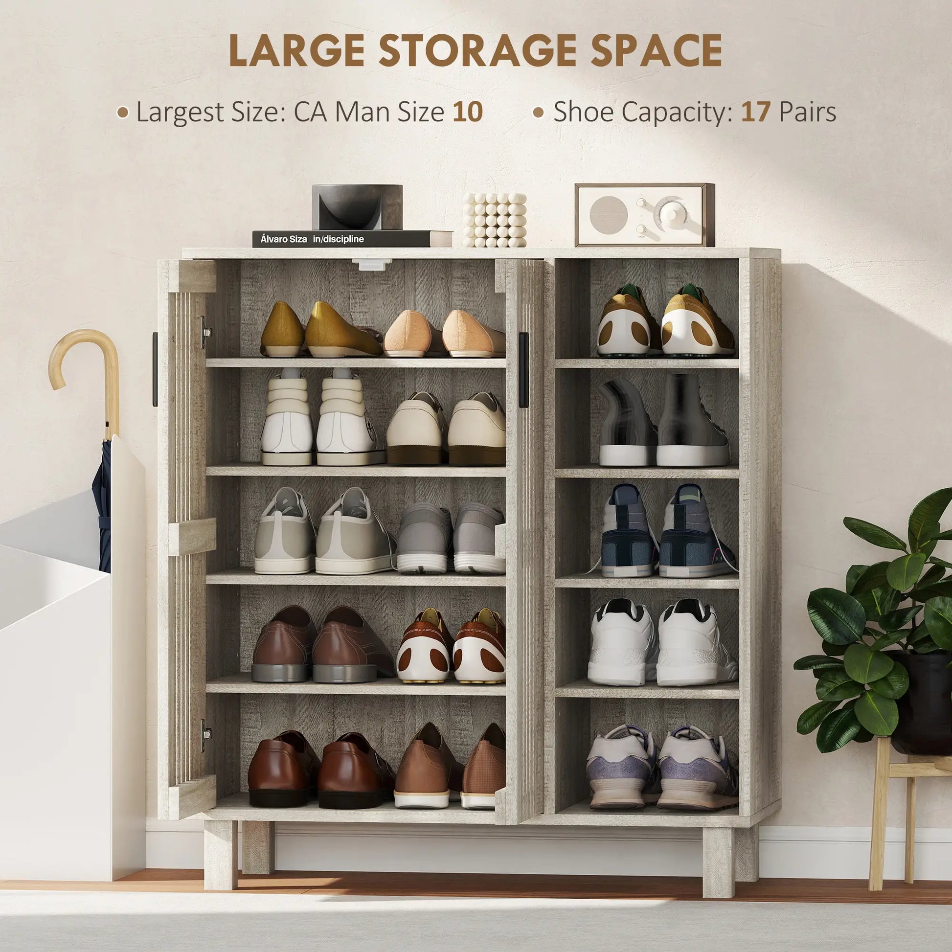 Shoe Storage with Double Doors, Open Shelves, 17 Pair, Light Grey Shoe Storage Cabinets & Racks at Gallery Canada