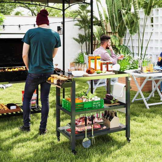 Outdoor Kitchen Bar Cart With Wheels, Stainless Steel Pizza Oven Stand, Movable Prep Table With Hooks Outdoor Grill Carts Black, Silver at Gallery Canada