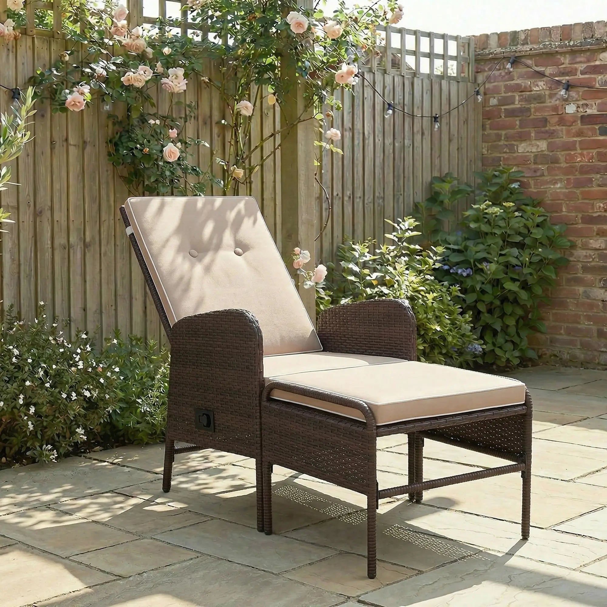 2 Pc Patio Reclining Chair Set with Stool, Cushions, Outdoor, Brown Patio Furniture Sets at Gallery Canada
