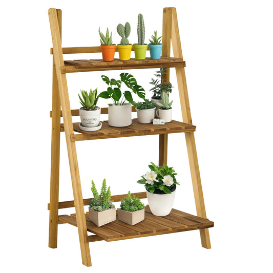 Foldable 3-Tier Wooden Plant Stand, Garden Indoor Outdoor, 24" x 14" x 37" Plant Stands Carbonized Wood Color at Gallery Canada