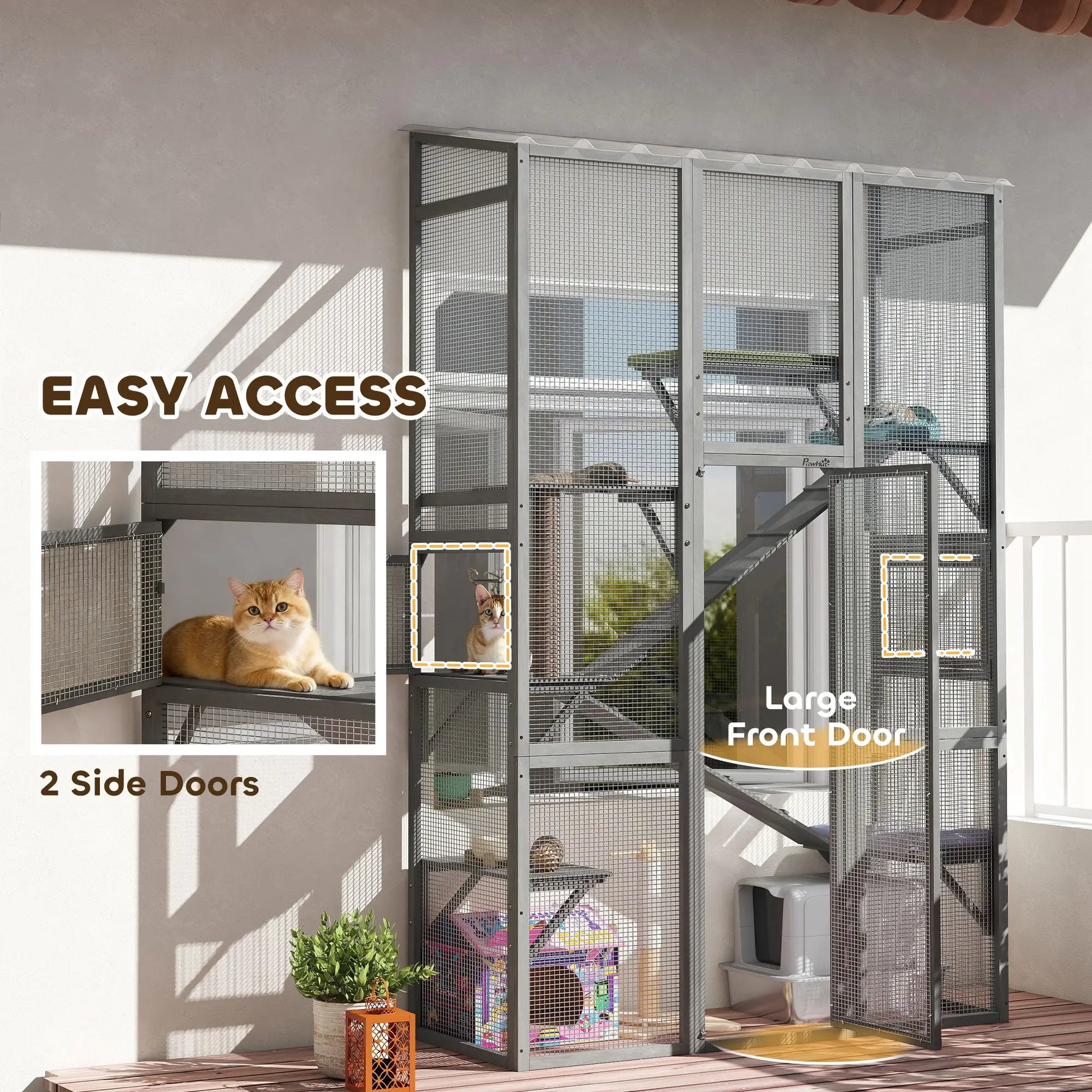 Wooden Catio Outdoor Cat Enclosure, 6 Jumping Platforms, Scratching Post, 2 Ramps, Waterproof Roof, Grey Outdoor Cat Enclosures at Gallery Canada