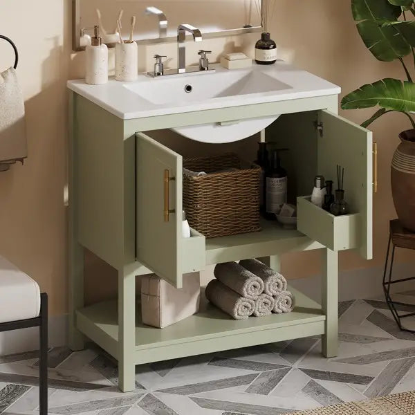 Bathroom Vanity with Ceramic Sink, Soft Close Doors, 30" L x 18.5" W x 34" H, Green+White Sink Cabinets at Gallery Canada