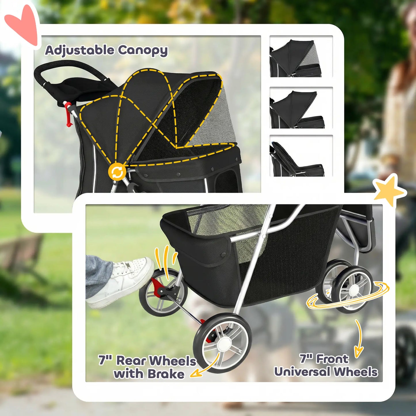 3 Wheel Foldable Dog Stroller, Storage Basket, Adjustable Canopy, Black Dog Bike Trailers & Strollers at Gallery Canada